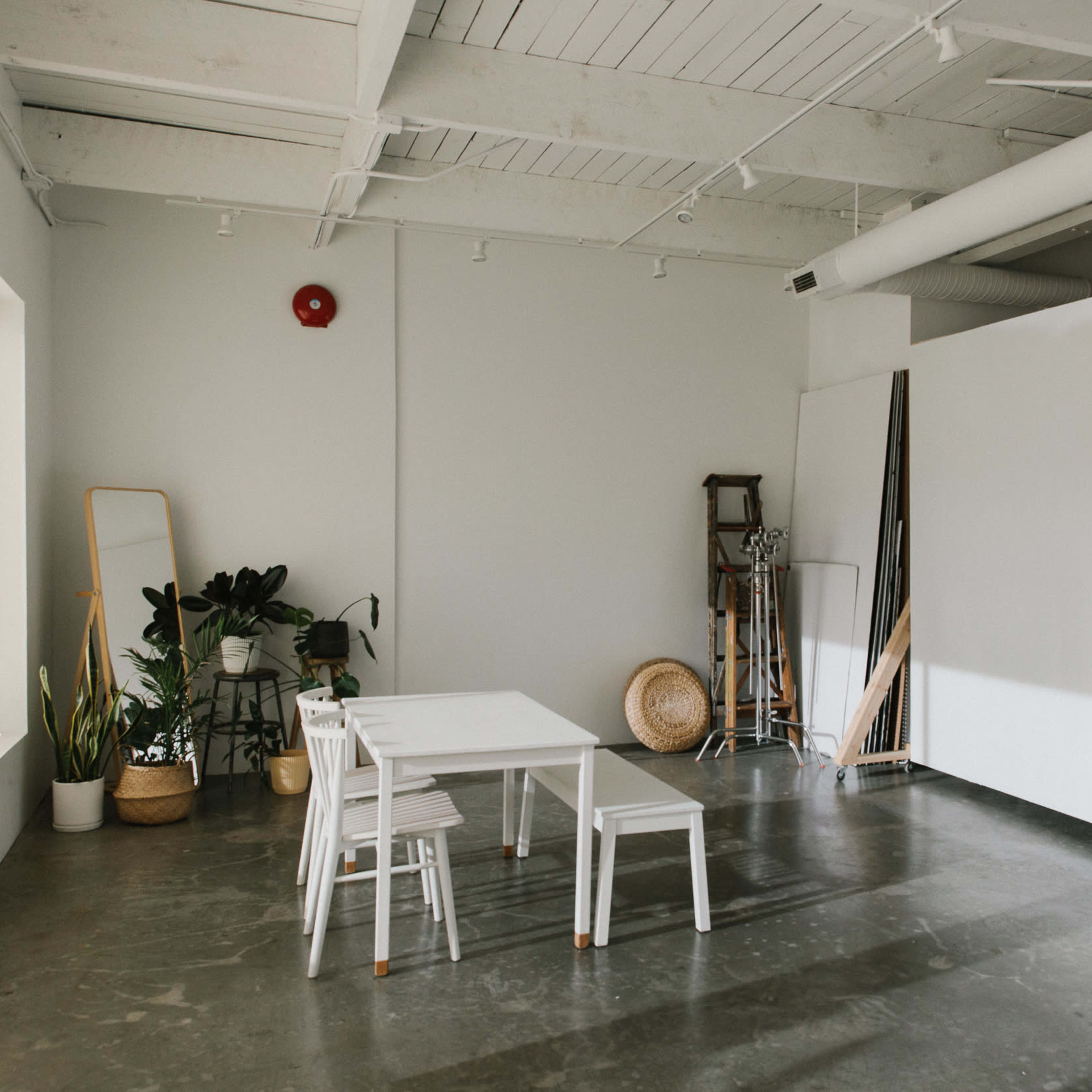 A minimalist studio space features a white table and chairs, a large white partition, potted plants, and various props against a concrete floor.