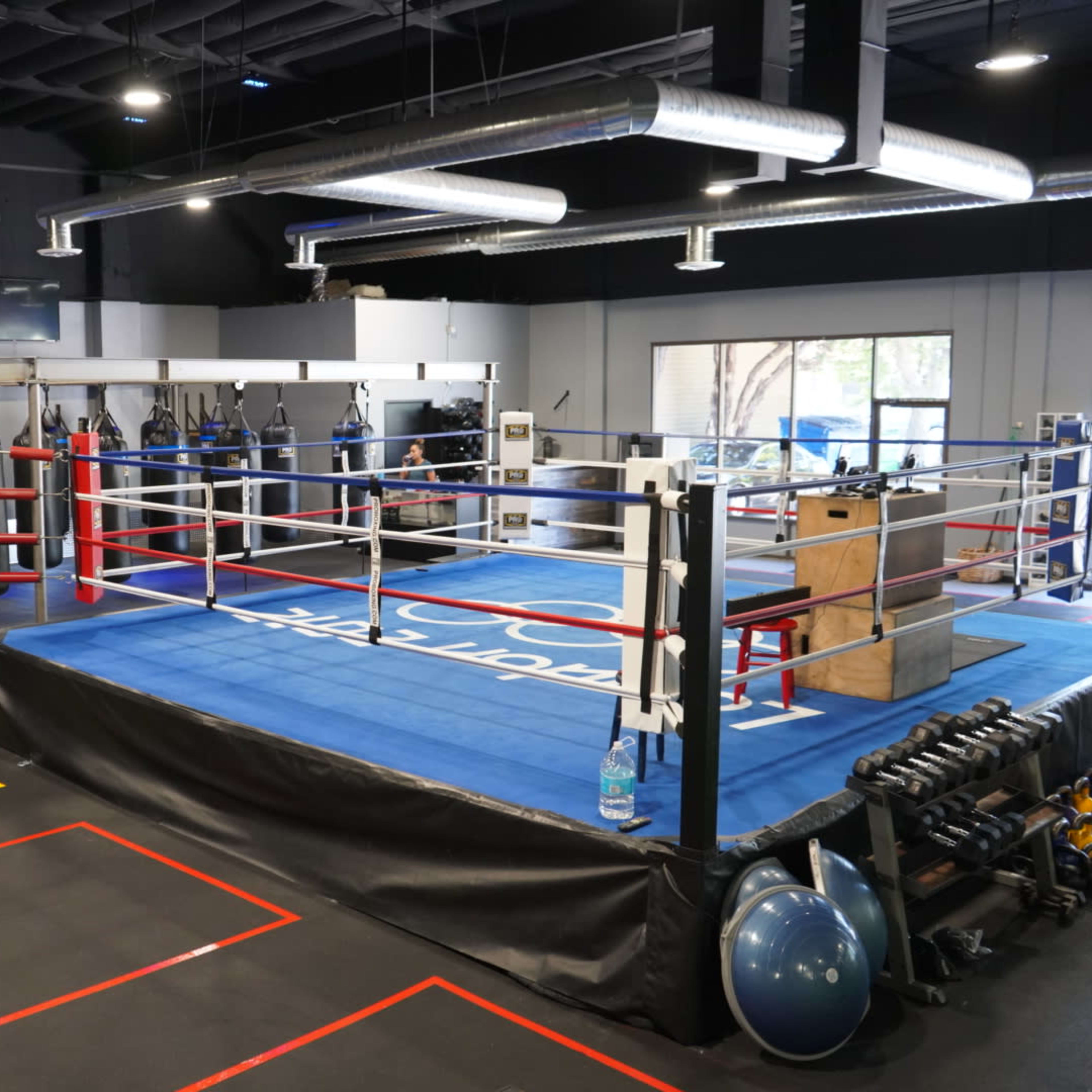 A boxing gym featuring a central boxing ring surrounded by hanging punching bags and various fitness equipment.