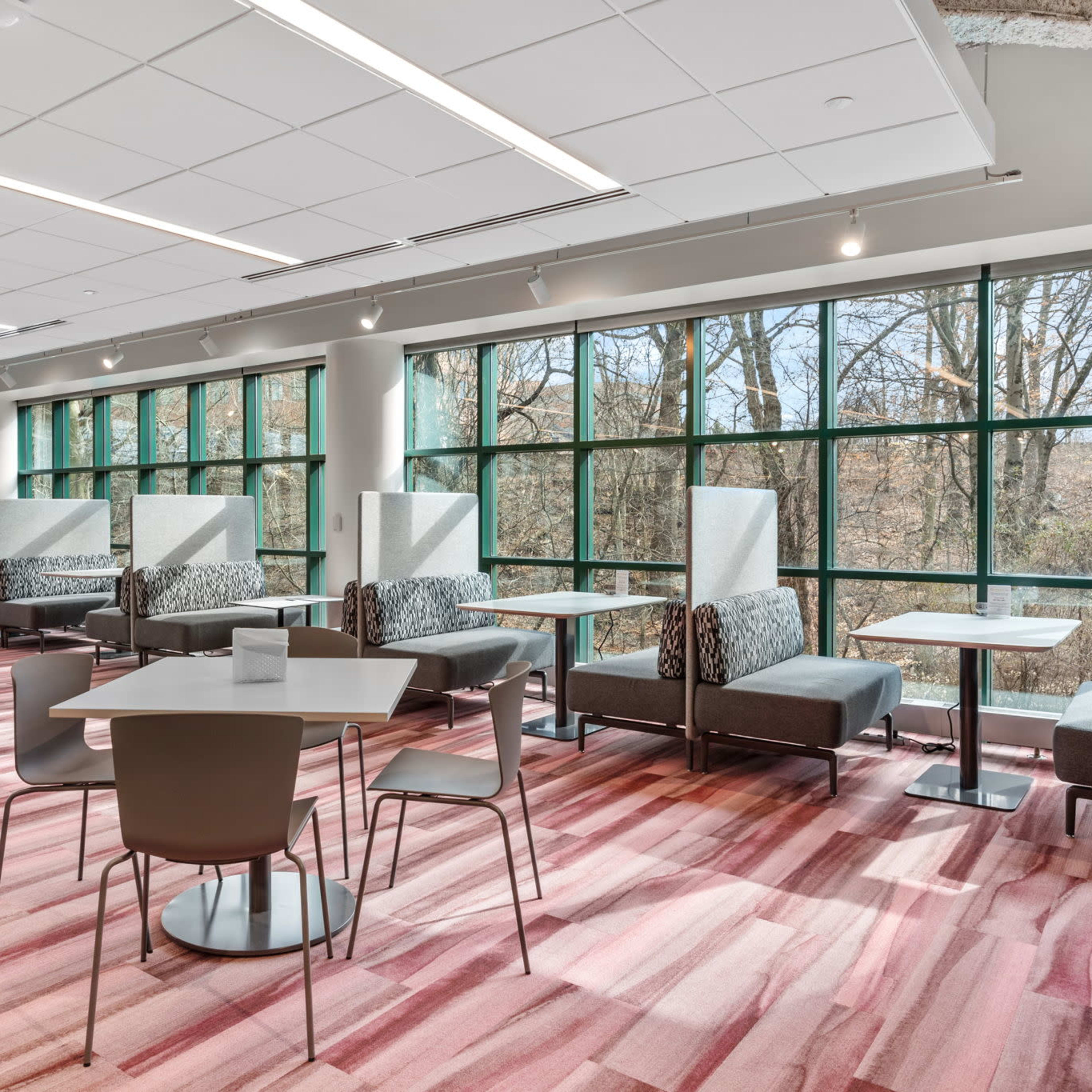 A modern, well-lit interior space with seating areas and large windows overlooking trees.