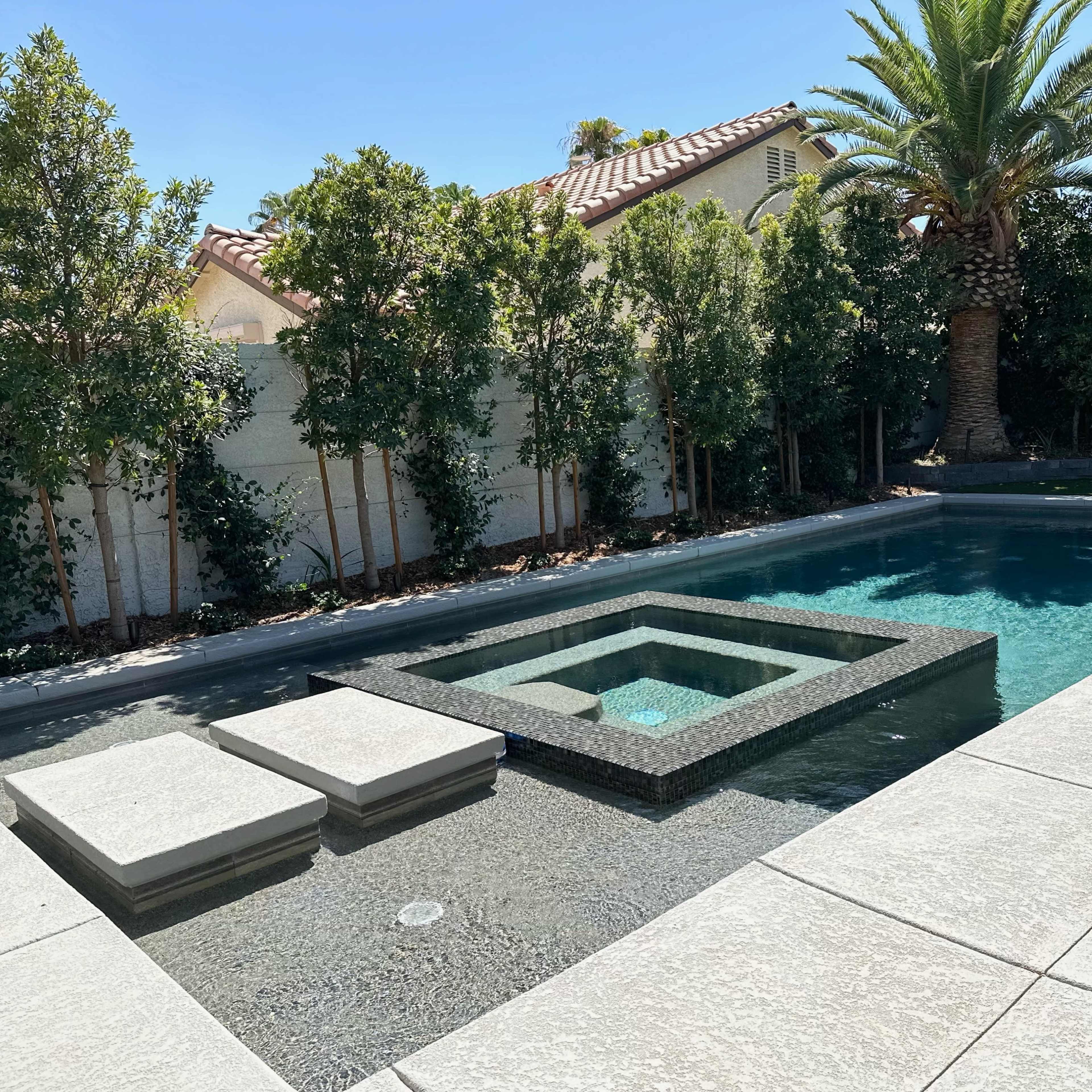 A modern swimming pool featuring a central spa with raised concrete platforms, surrounded by lush greenery and palm trees.