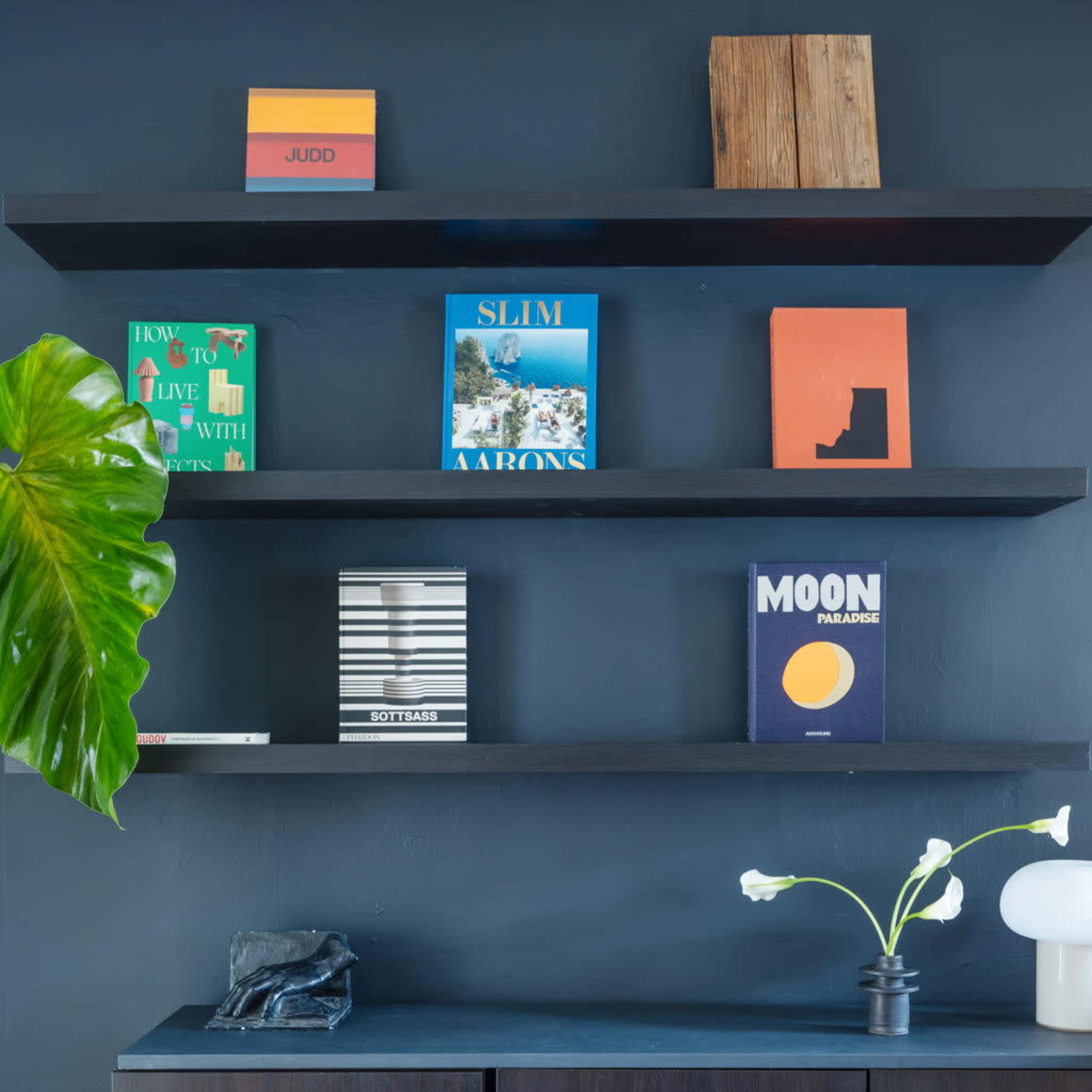 A wooden dining table is set in a room with dark walls, featuring shelves displaying colorful books and a decorative plant.