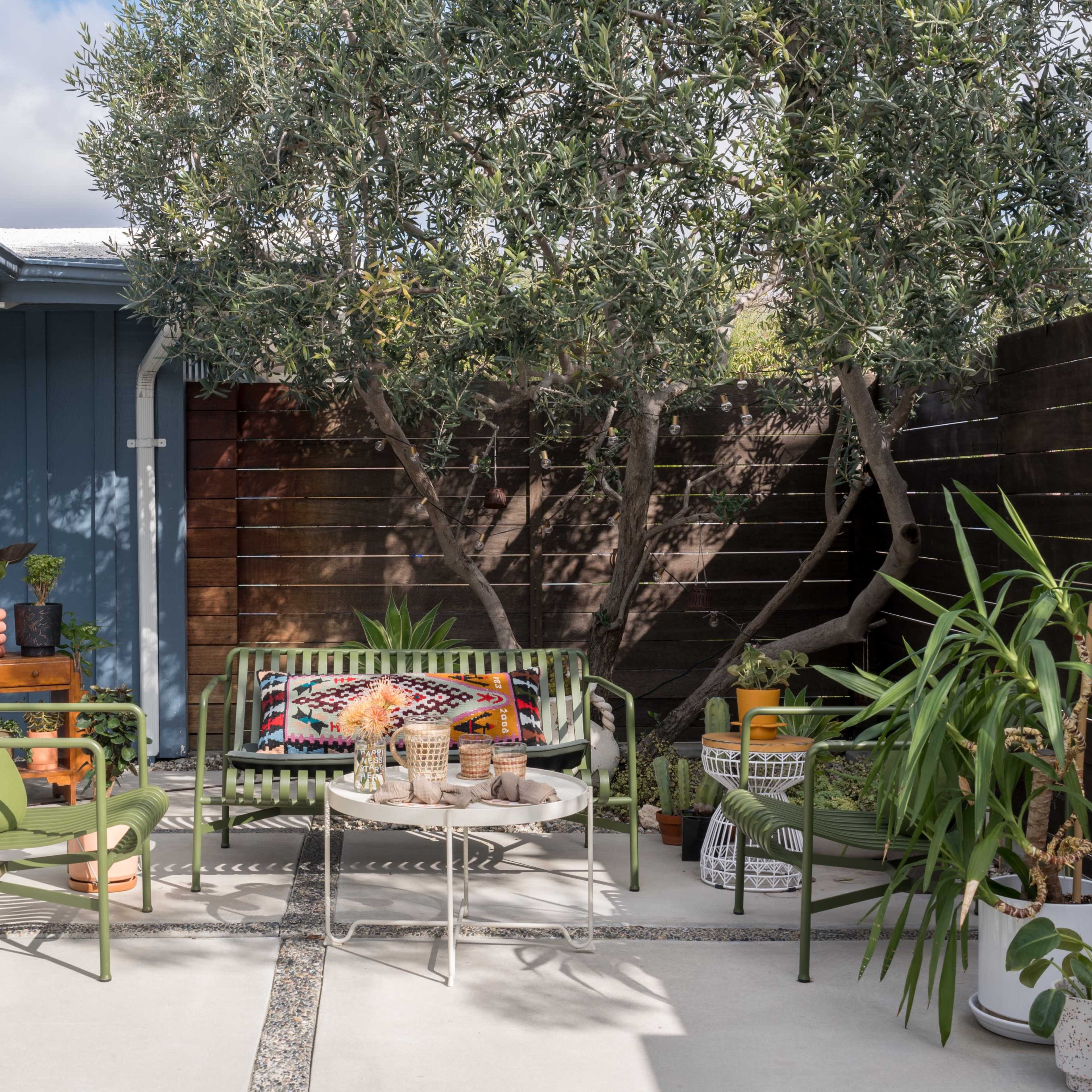 A cozy outdoor patio features a green metal bench, a table with various plants, and a large tree providing shade.