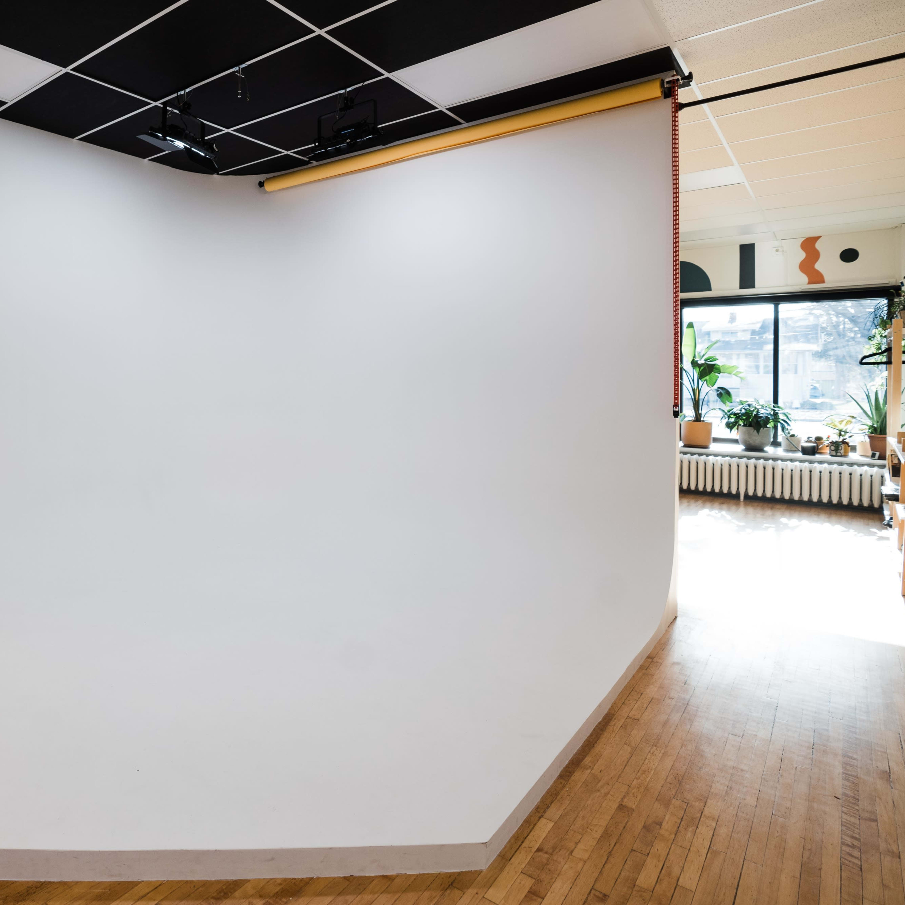 A minimalist studio space with a white backdrop and wooden flooring.