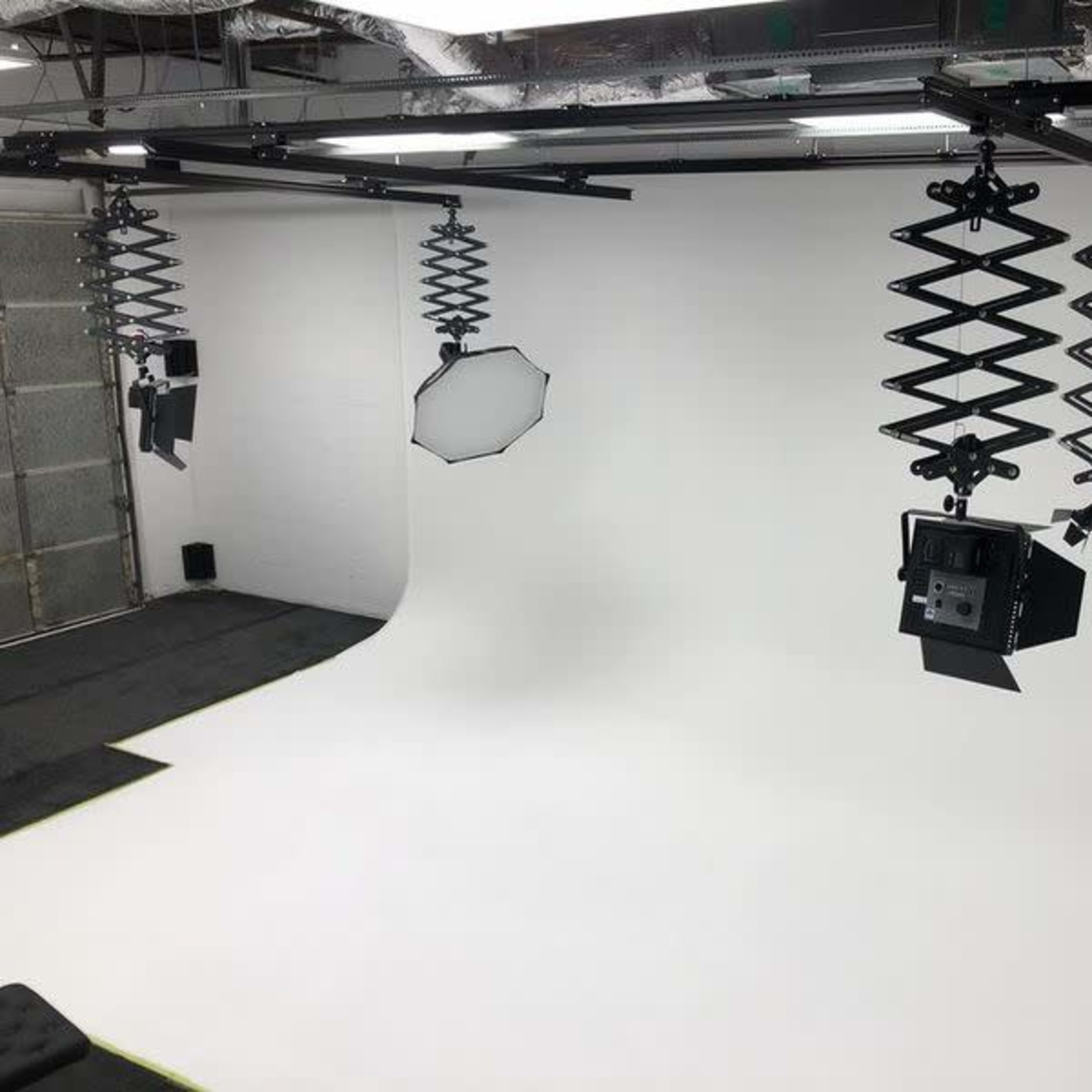 A photography studio with a white backdrop, overhead lights, and a black carpeted floor.