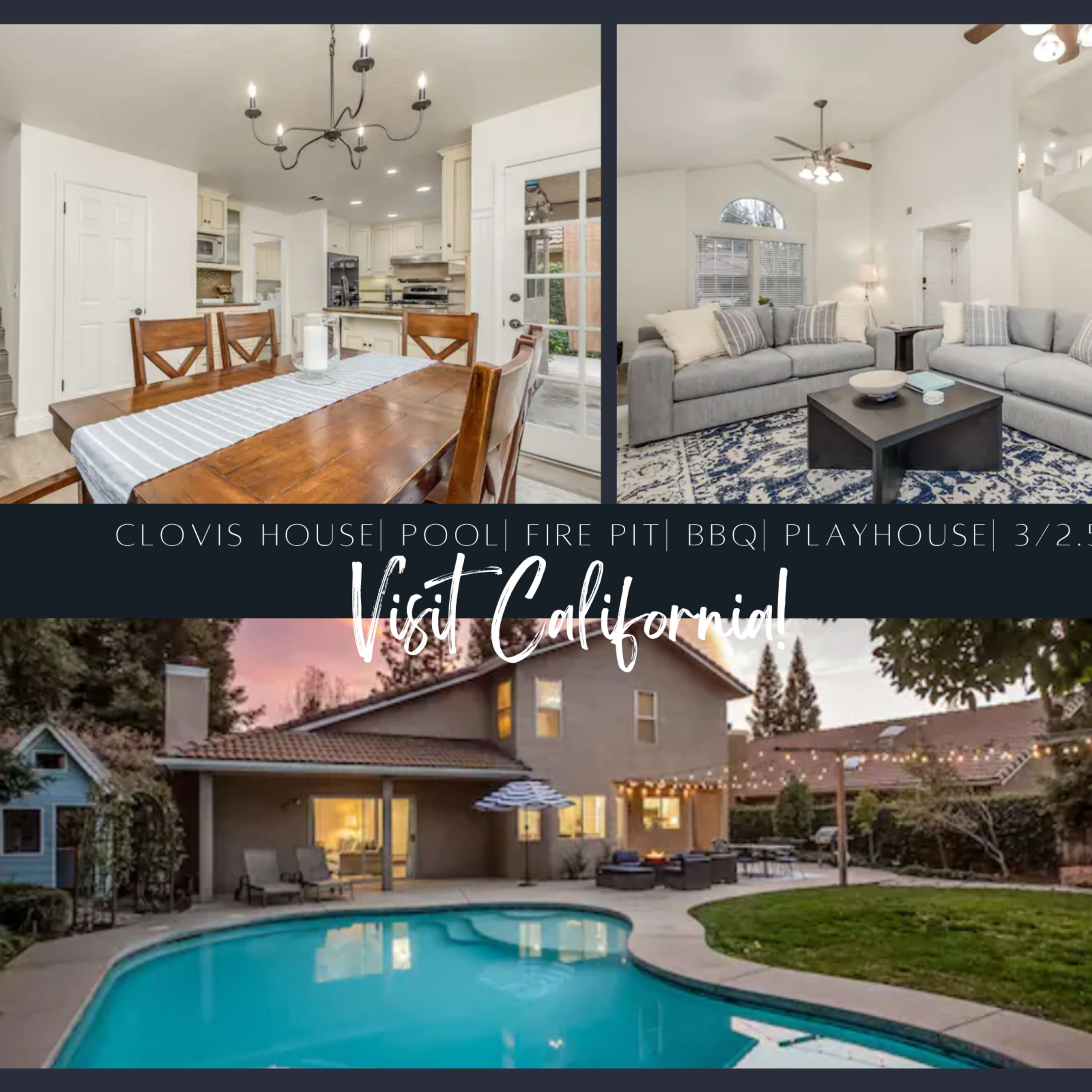 A modern house in Clovis with a dining area, living room, and backyard pool, highlighting amenities like a fire pit, BBQ, and playhouse.