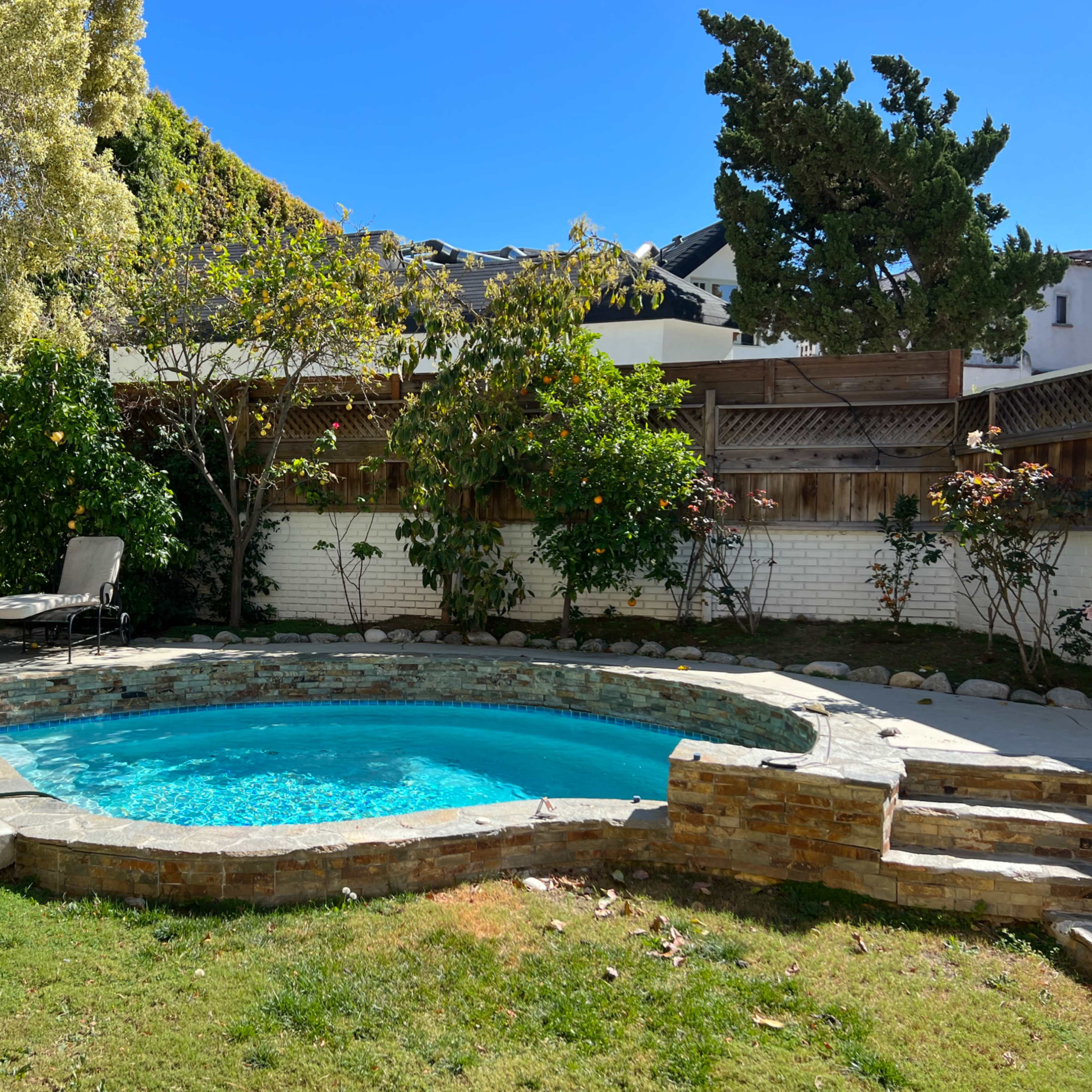 A landscaped backyard with a circular swimming pool surrounded by stone edging, lawn, and fruit trees.