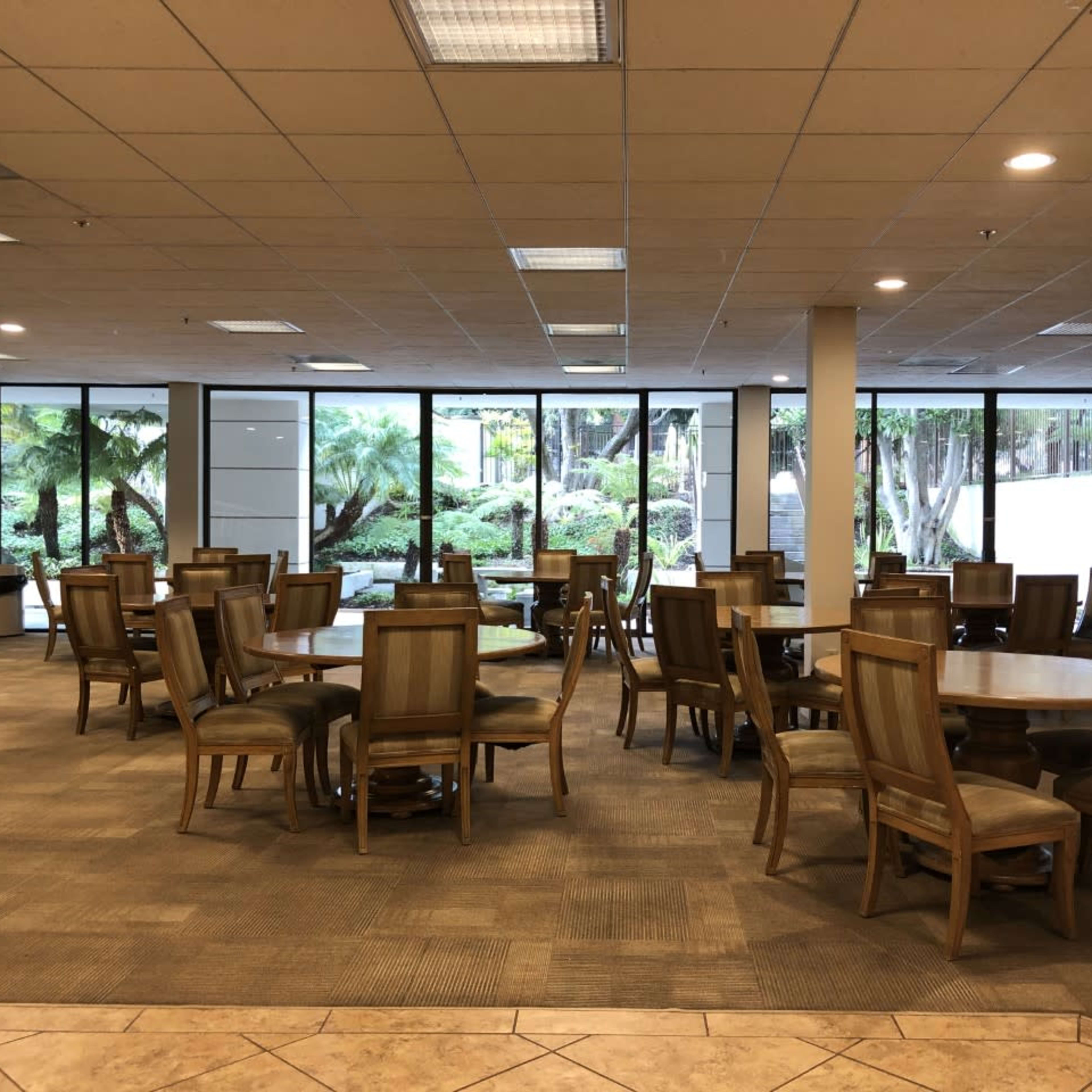 A spacious dining area with wooden tables and chairs arranged in rows, surrounded by large windows that overlook a green outdoor landscape.