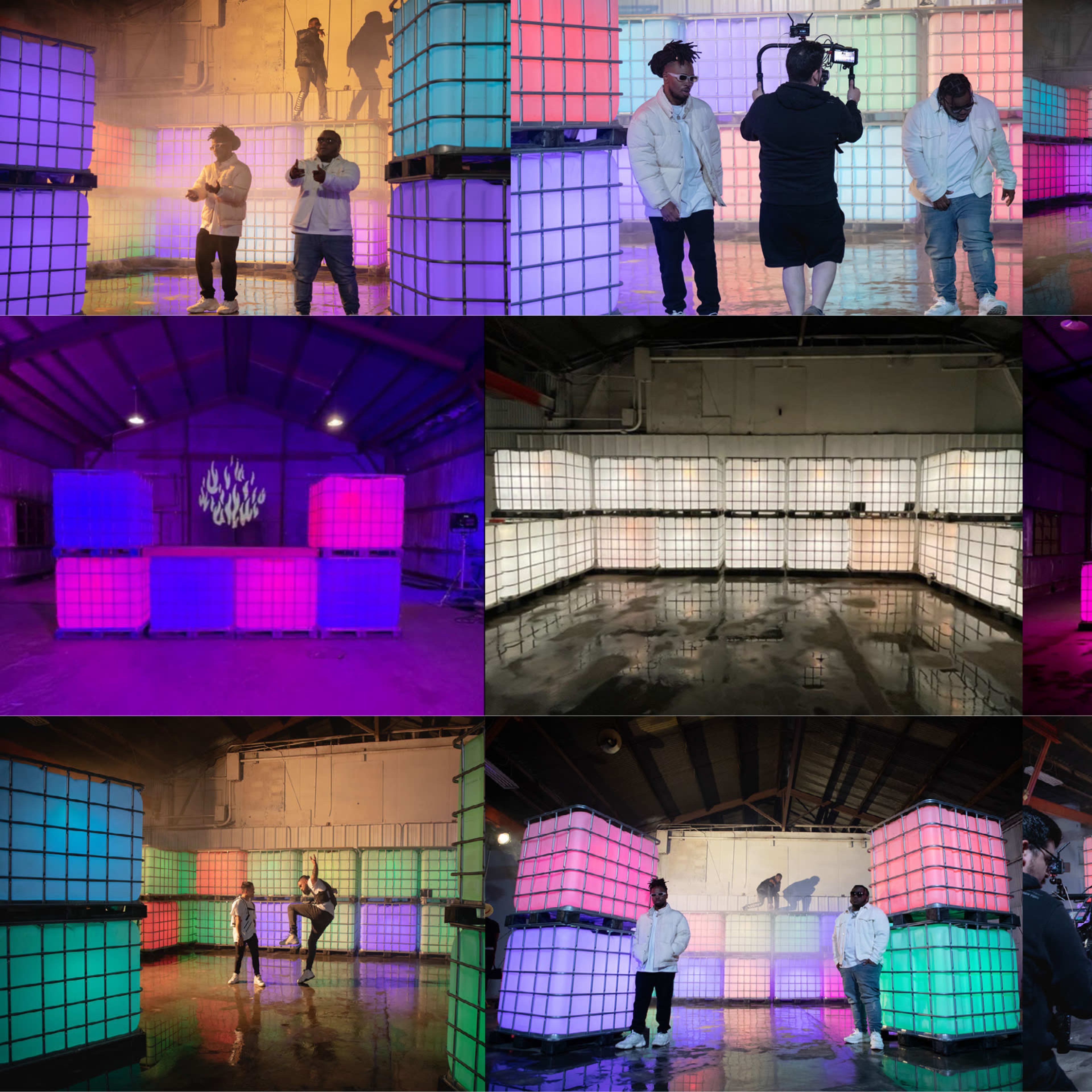 A spacious indoor setting with colorful illuminated cubes arranged in various configurations, where multiple people are engaging in different activities, including filming and posing.