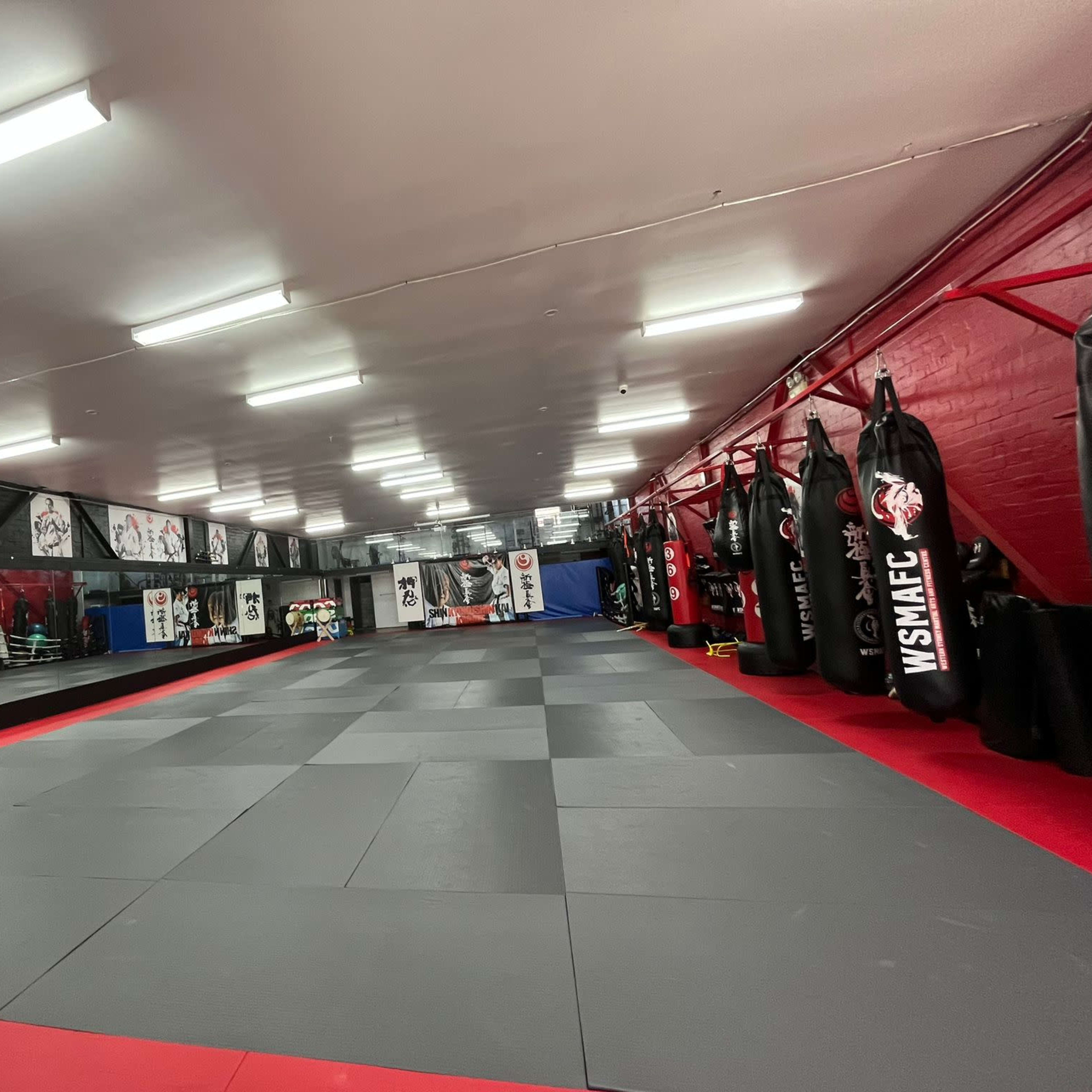 A spacious martial arts gym equipped with padded flooring, hanging punching bags, and mirrored walls.