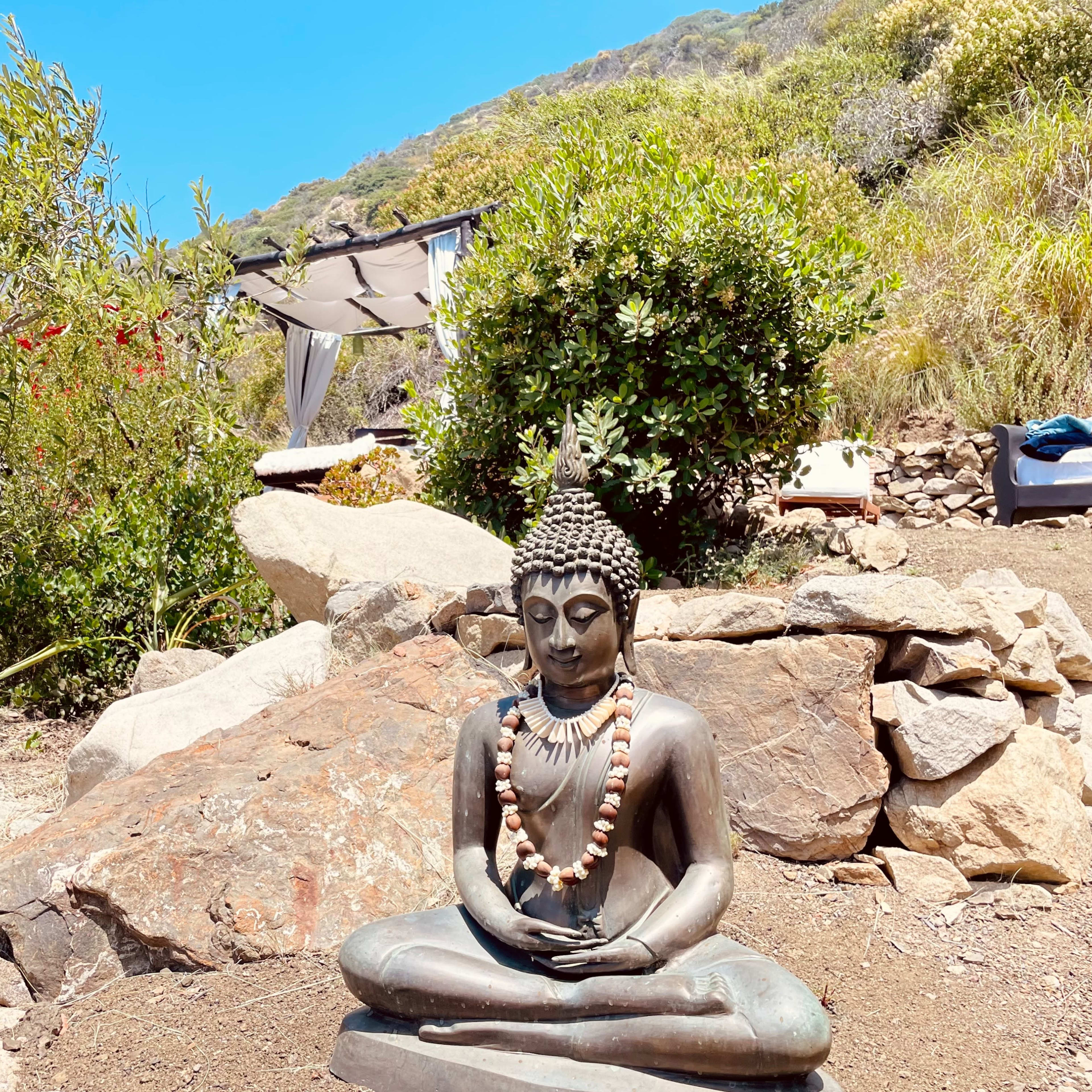 A Buddha statue sits on a rock in a garden surrounded by greenery and a glimpse of a shaded seating area in the background.