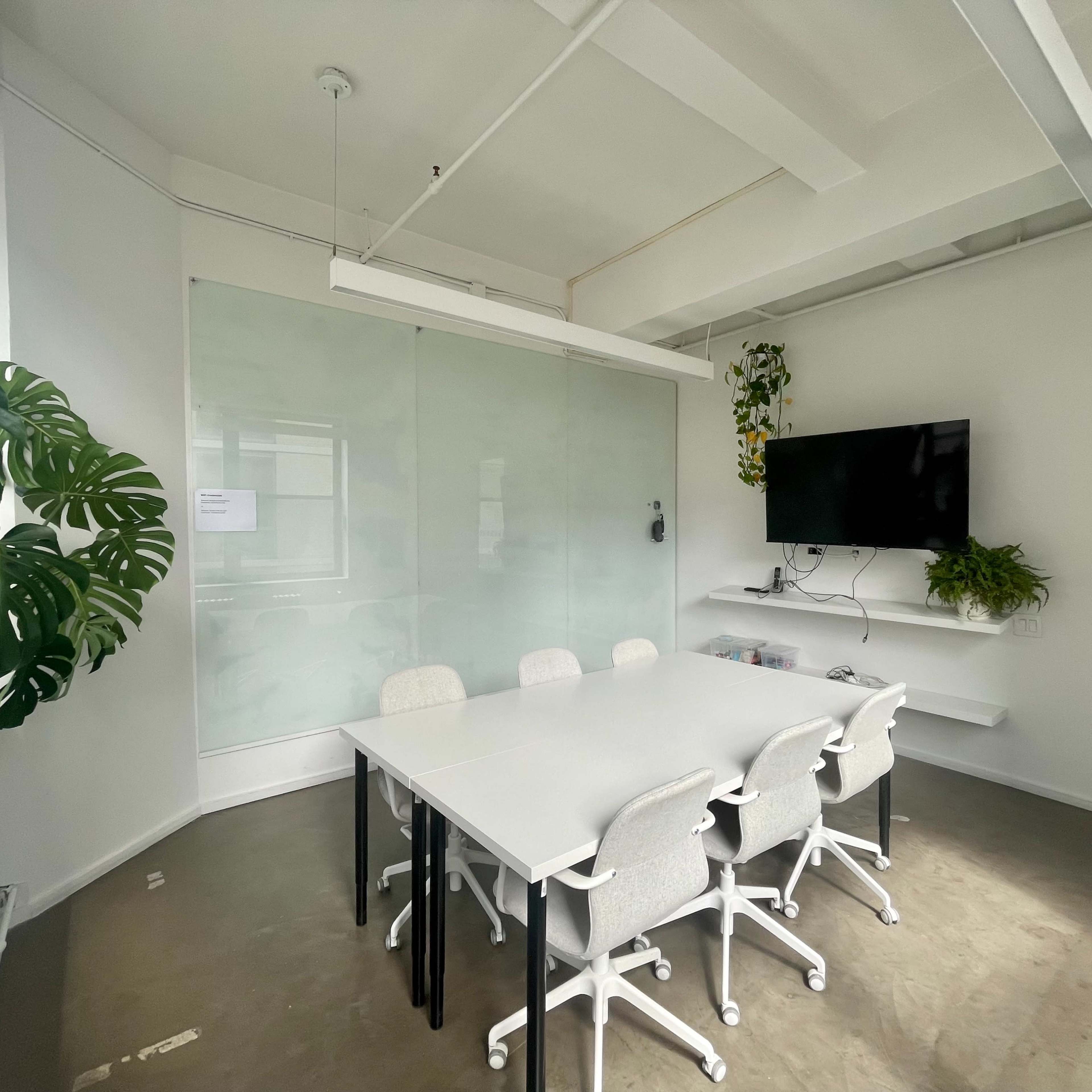 A modern conference room with a large white table surrounded by ergonomic chairs, a wall-mounted TV, and potted plants near the windows.