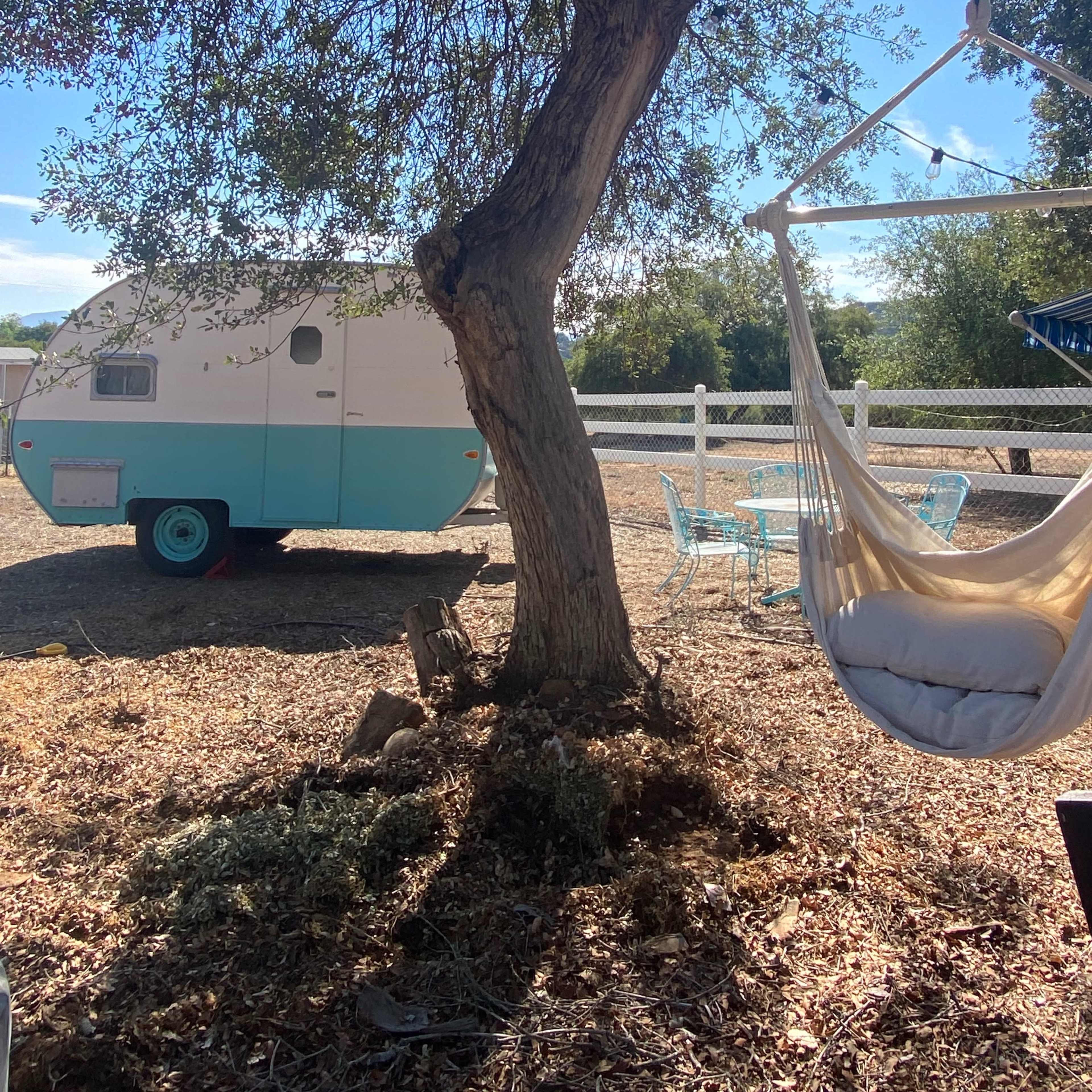 A vintage camper is parked under a tree next to a hammock and a seating area surrounded by gravel.