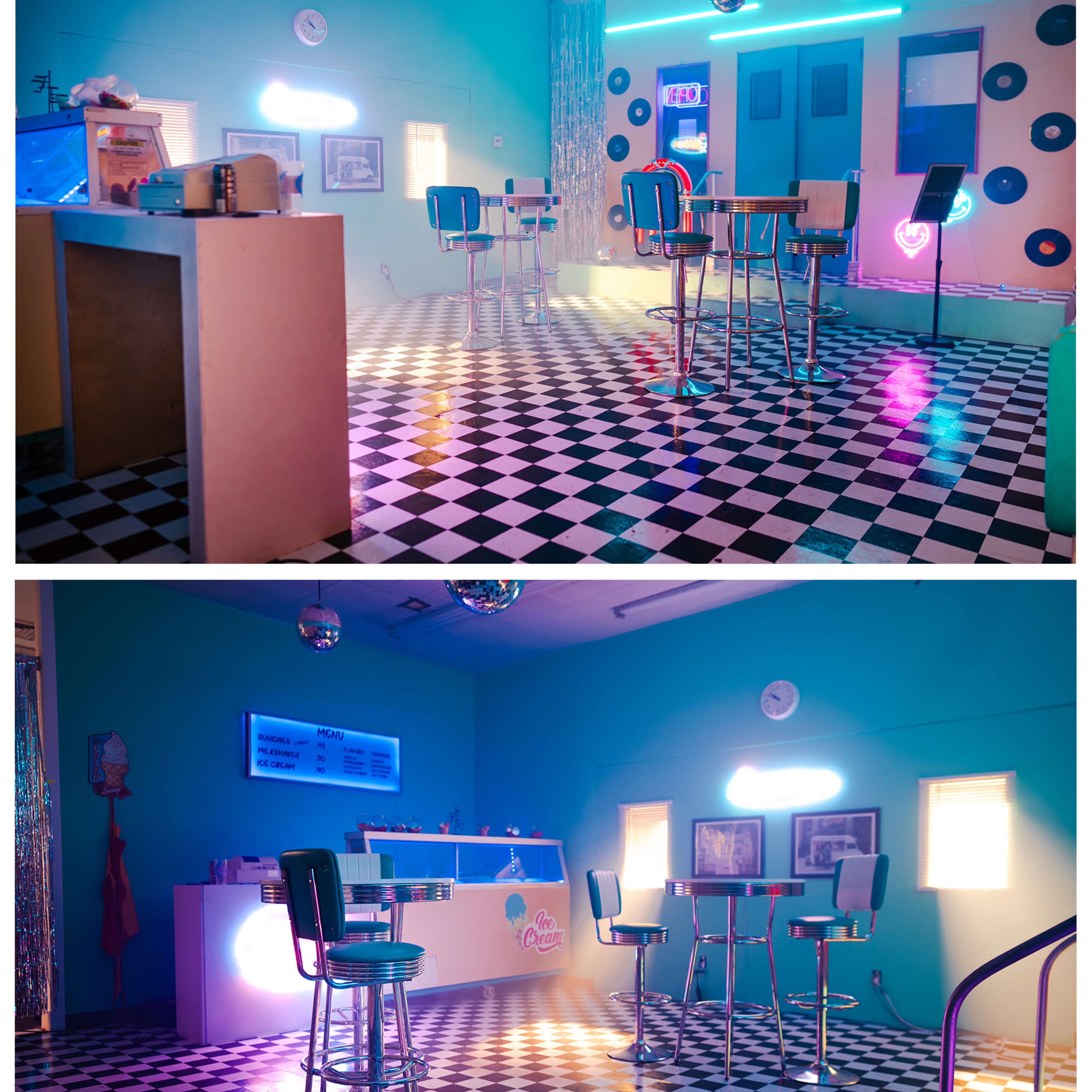 A brightly lit retro-themed café with a checkered floor, neon lights, and circular wall decorations.