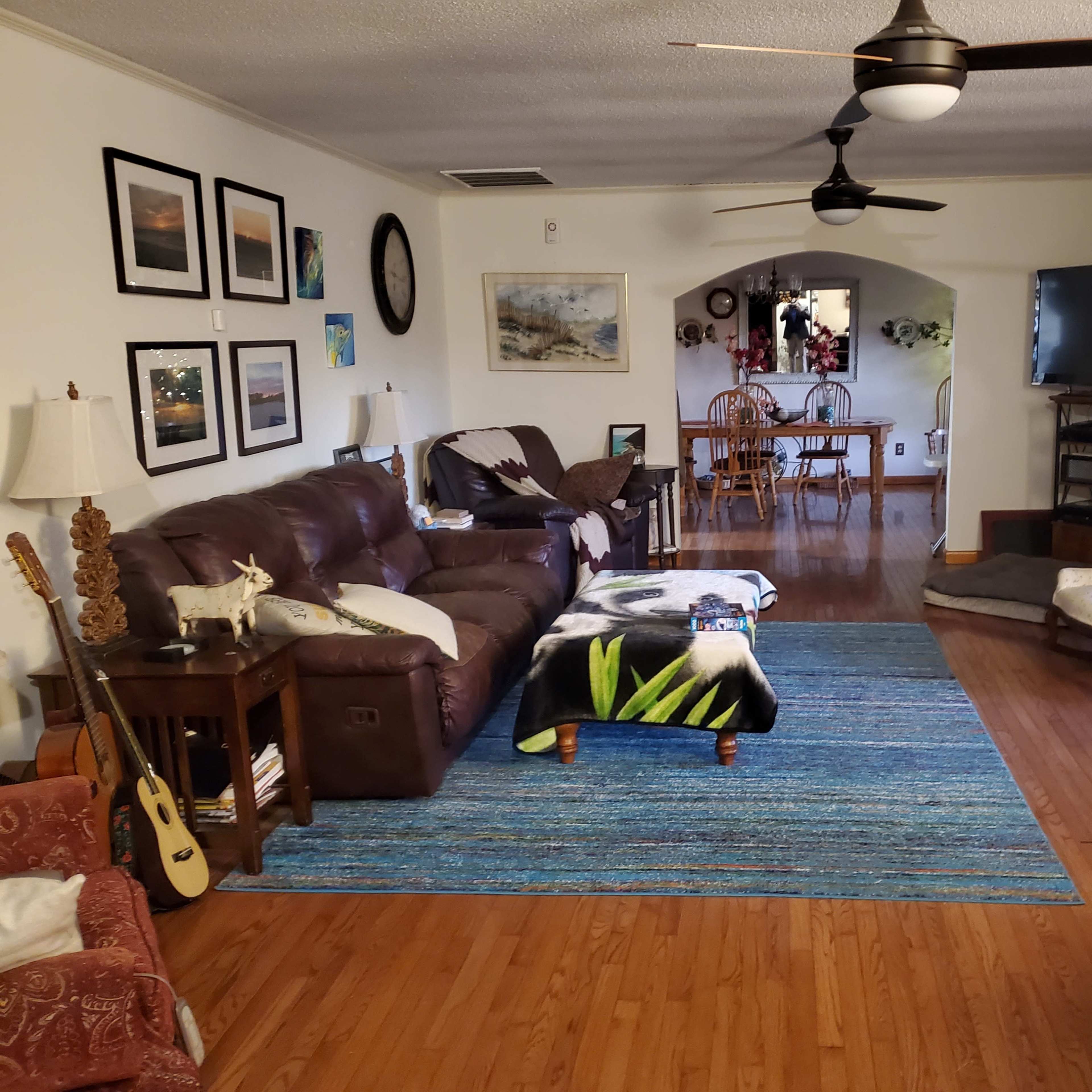 The living room features a brown couch, a blue rug, and various decorations on the walls, with a dining area visible in the background.