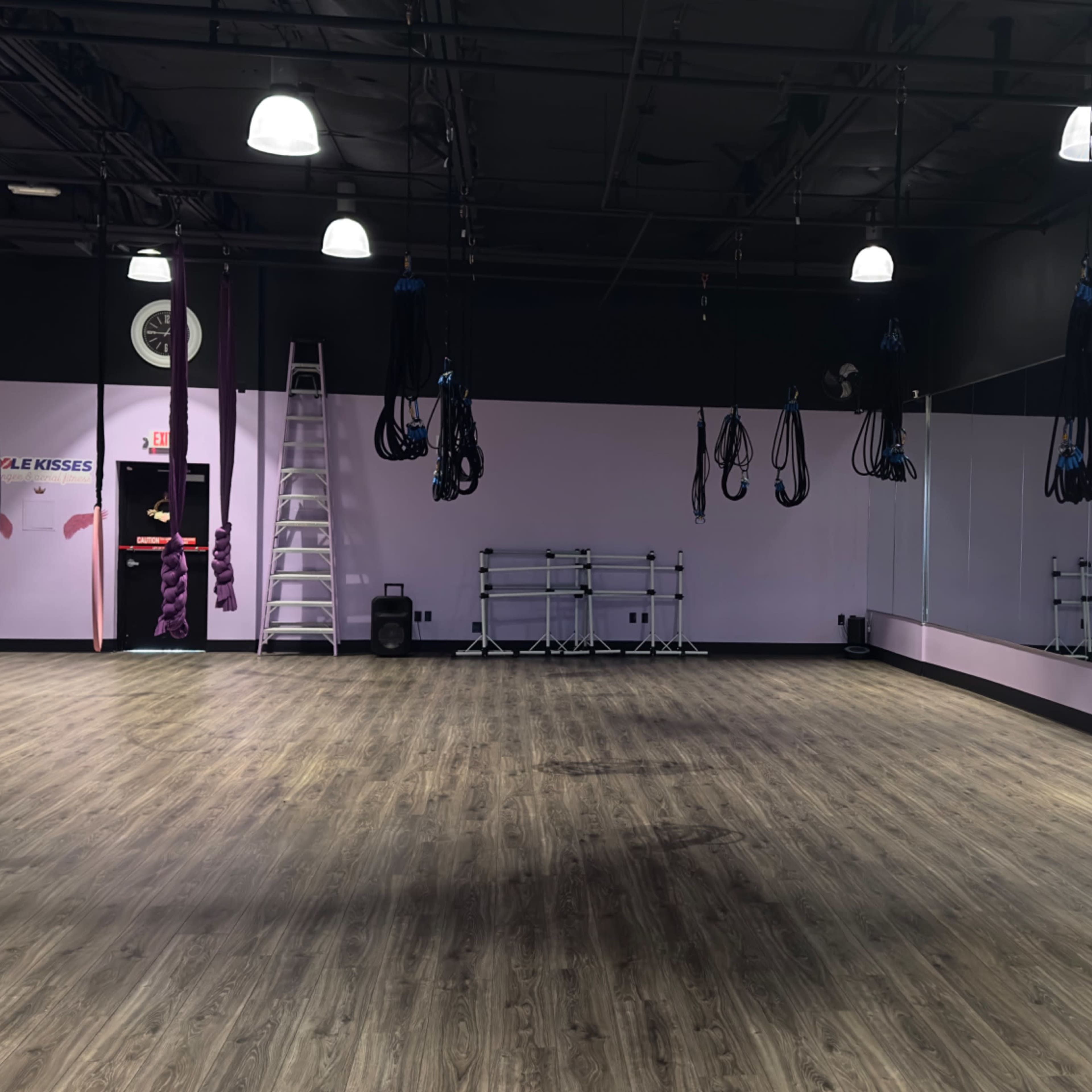 A fitness studio with a spacious wooden floor, mirrors on one wall, and various straps hanging from the ceiling.