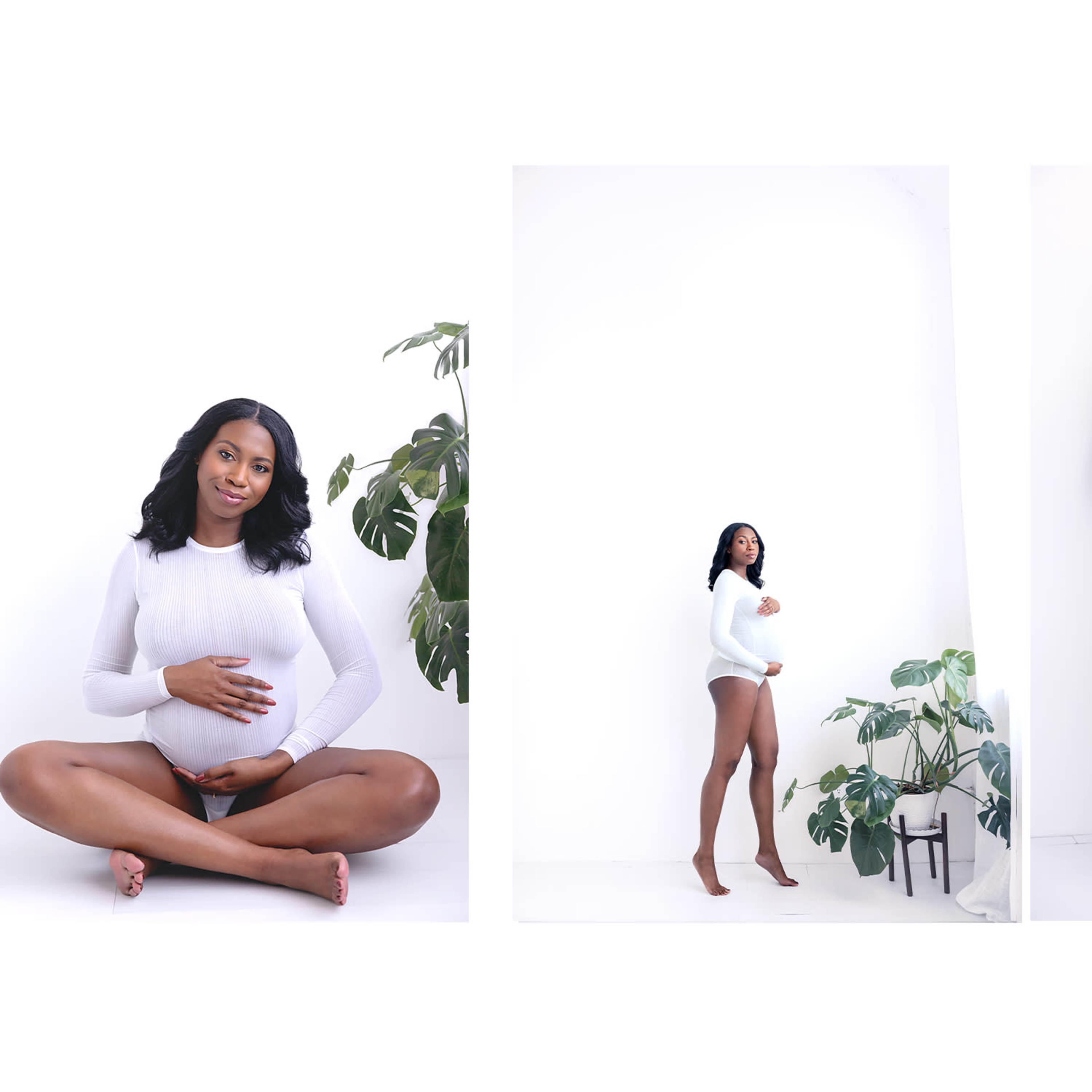 A pregnant woman poses in three different stances against a white background, surrounded by green plants.