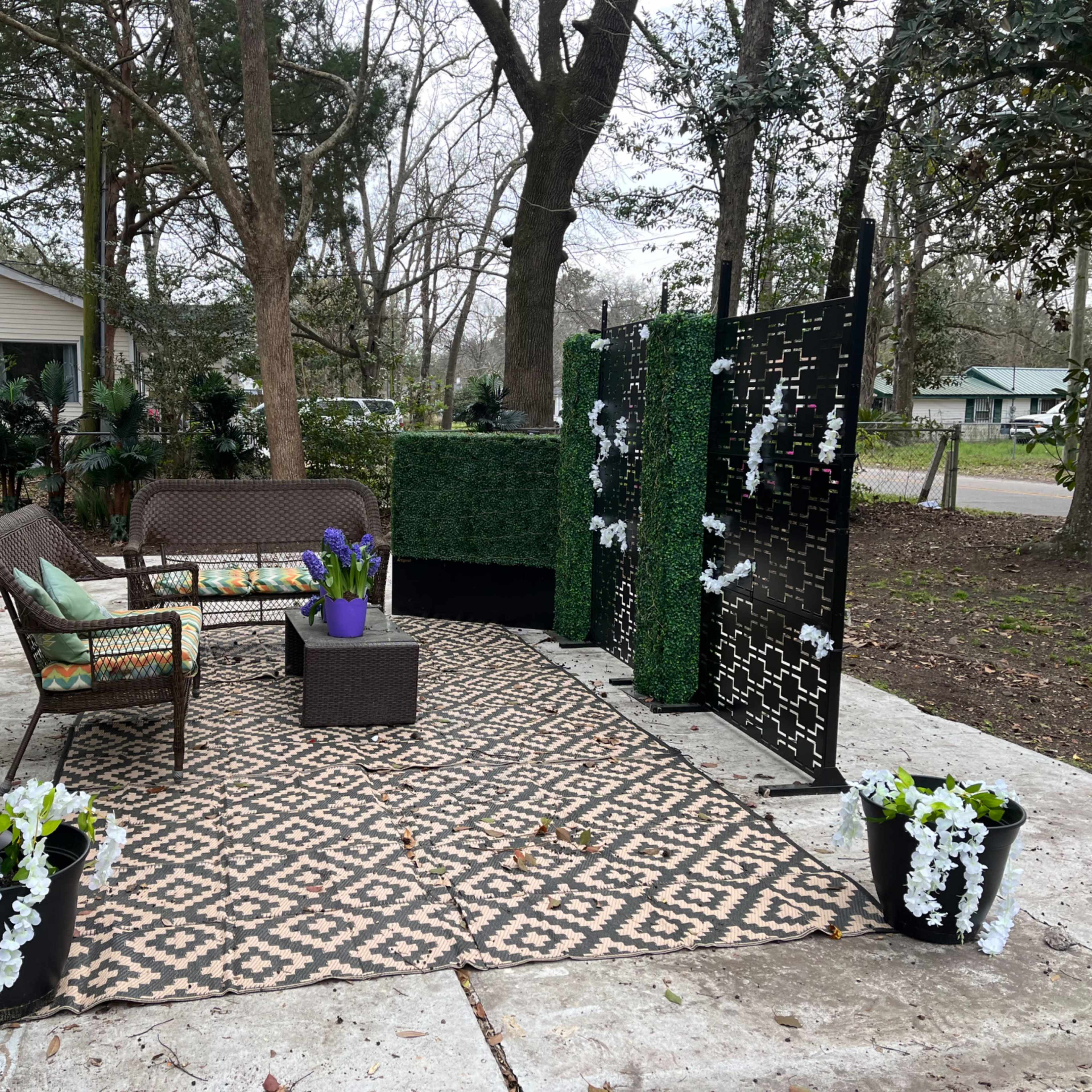 A landscaped outdoor seating area with a patterned rug, two couches, a coffee table, and decorative plants arranged in black pots.