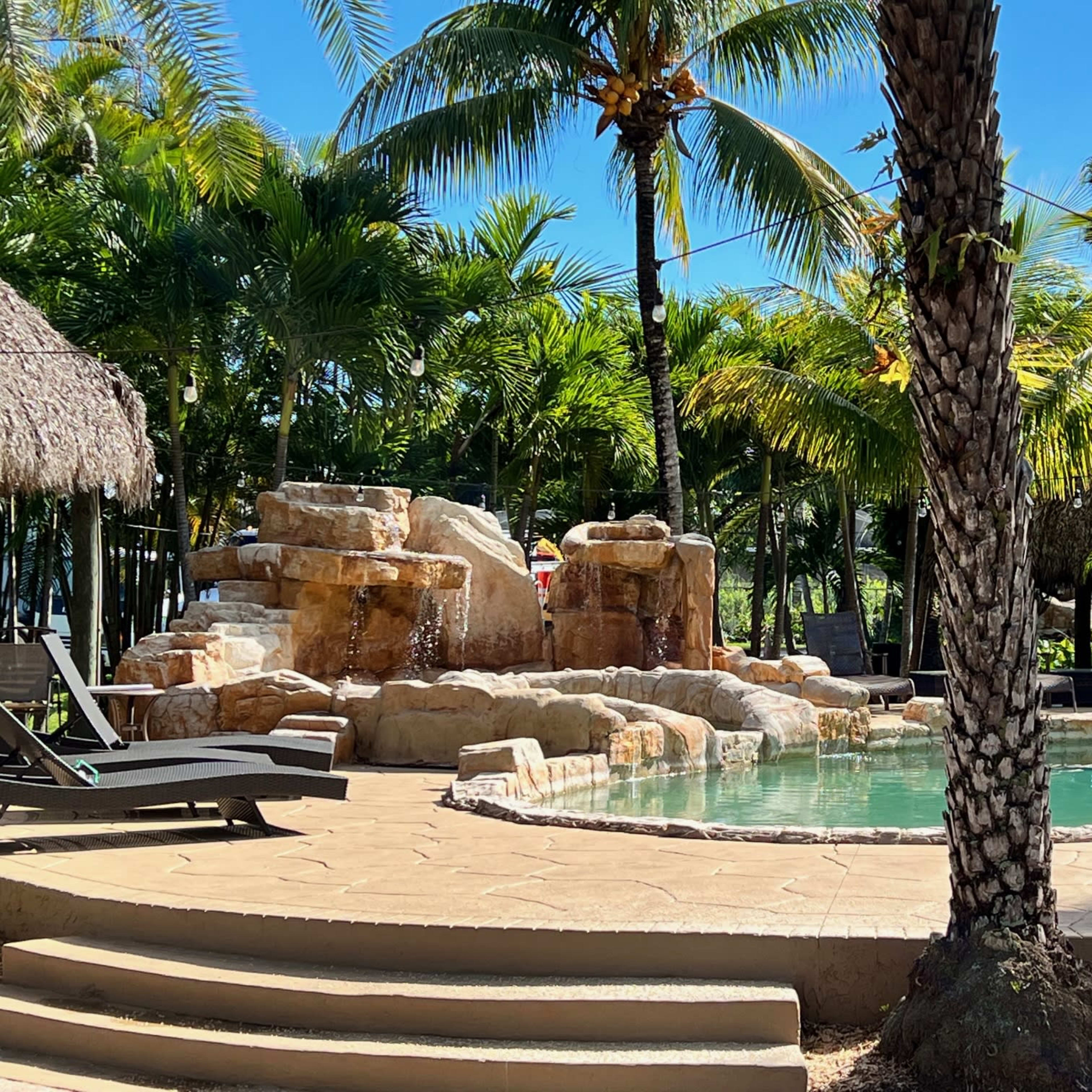A swimming pool with a rock formation and waterfall is surrounded by palm trees and thatched-roof cabanas.