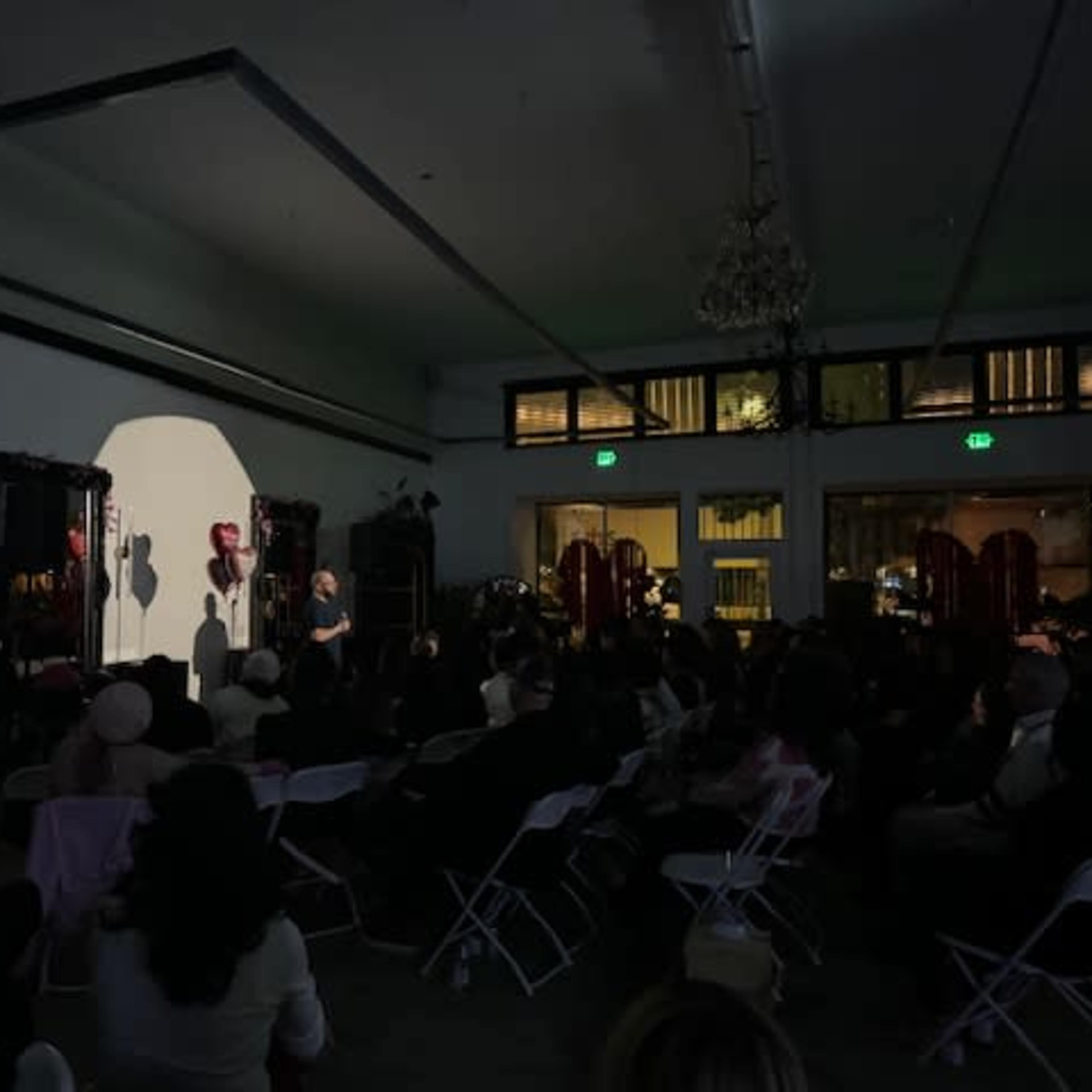 A performer stands on stage with a spotlight on them while an audience watches from seated rows.