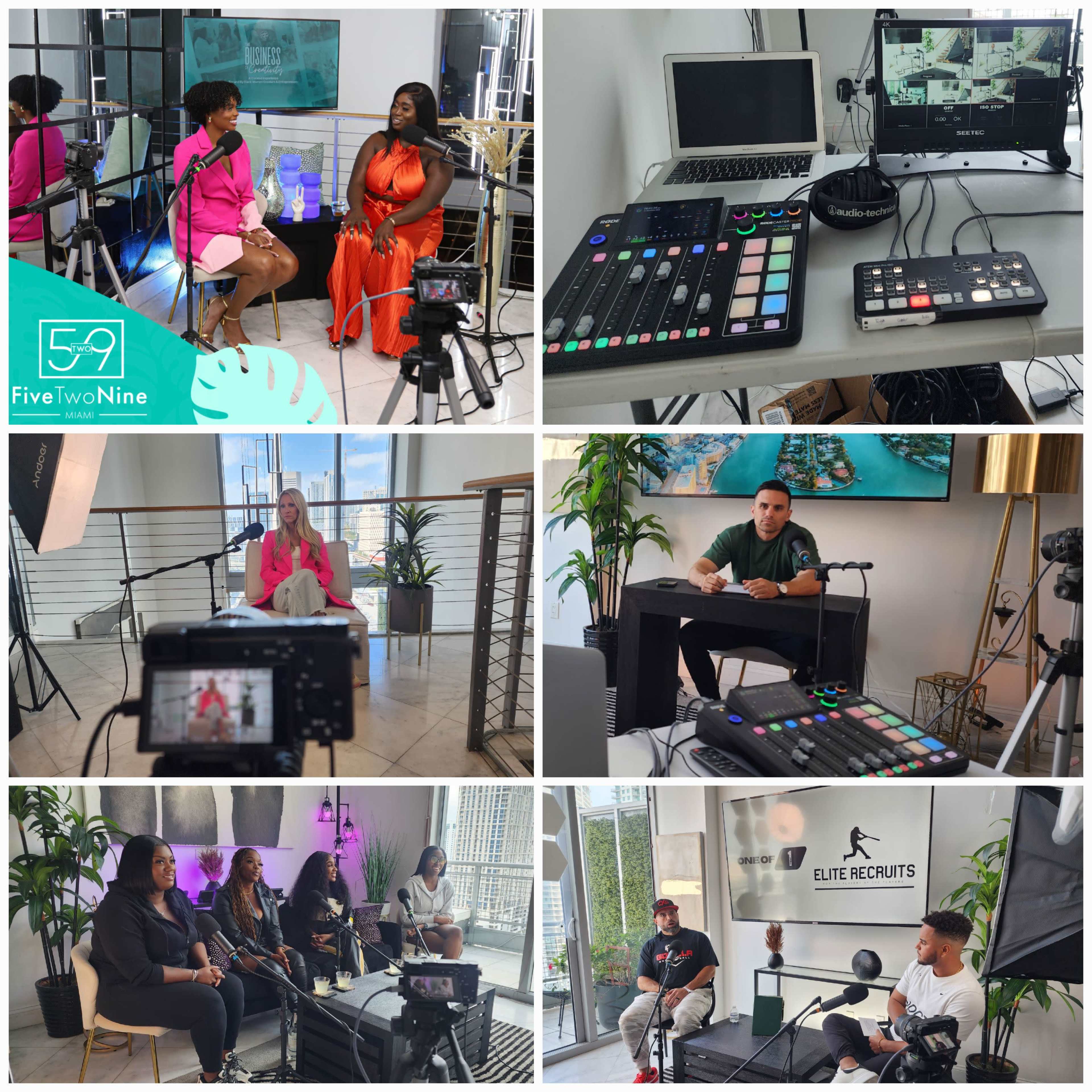 A multi-panel setup featuring various individuals engaged in video production, with a focus on interviews and discussions in a modern studio environment, equipped with cameras, audio equipment, and digital interfaces.