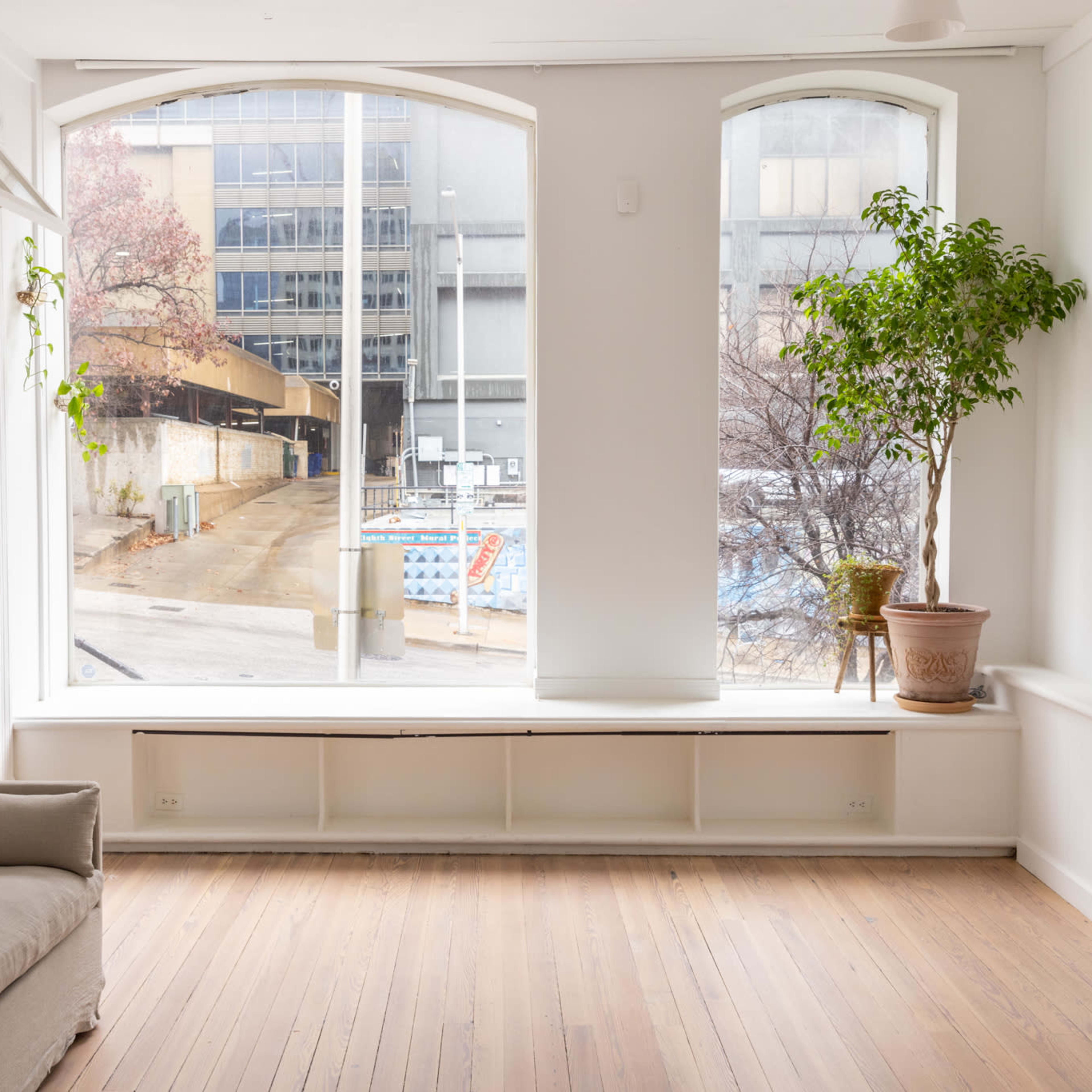 A bright, minimalist interior with large windows overlooking a street and a potted plant beside a light-colored sofa.