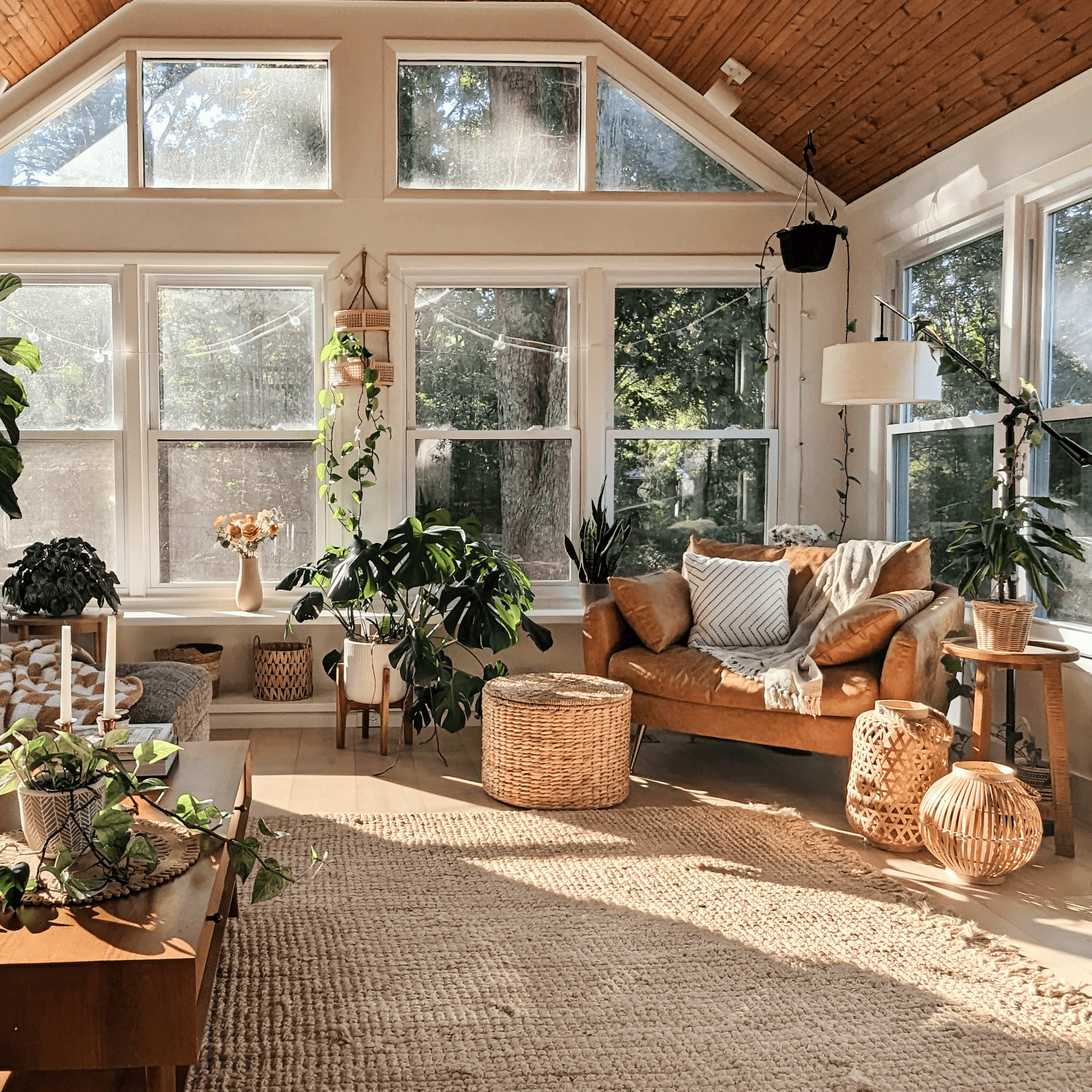A bright, airy sunroom features large windows, a mix of plants, a comfortable brown leather armchair, and a gray sofa with decorative pillows.