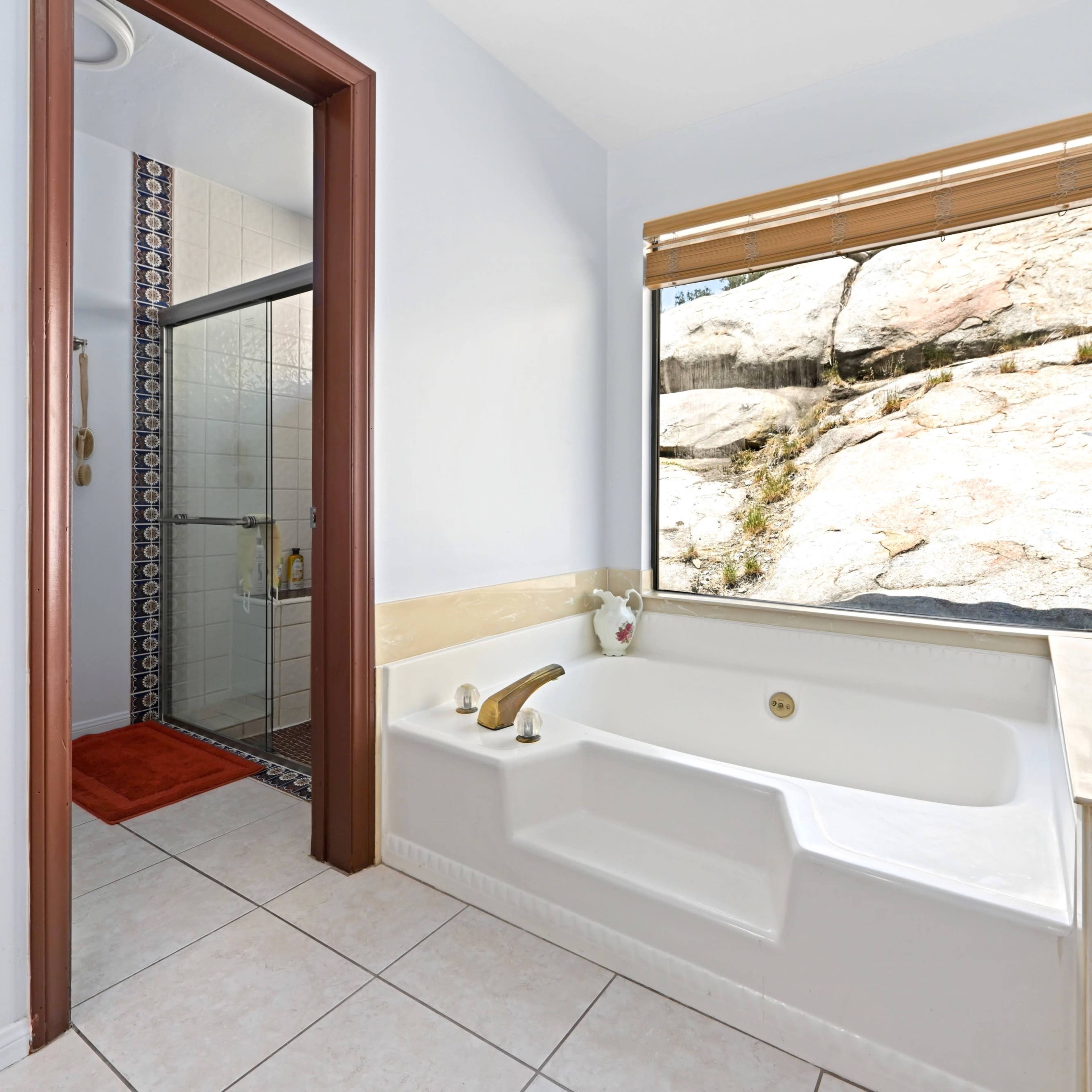 A bathroom featuring a bathtub next to a window with a view of rocks, and a separate glass shower enclosure.