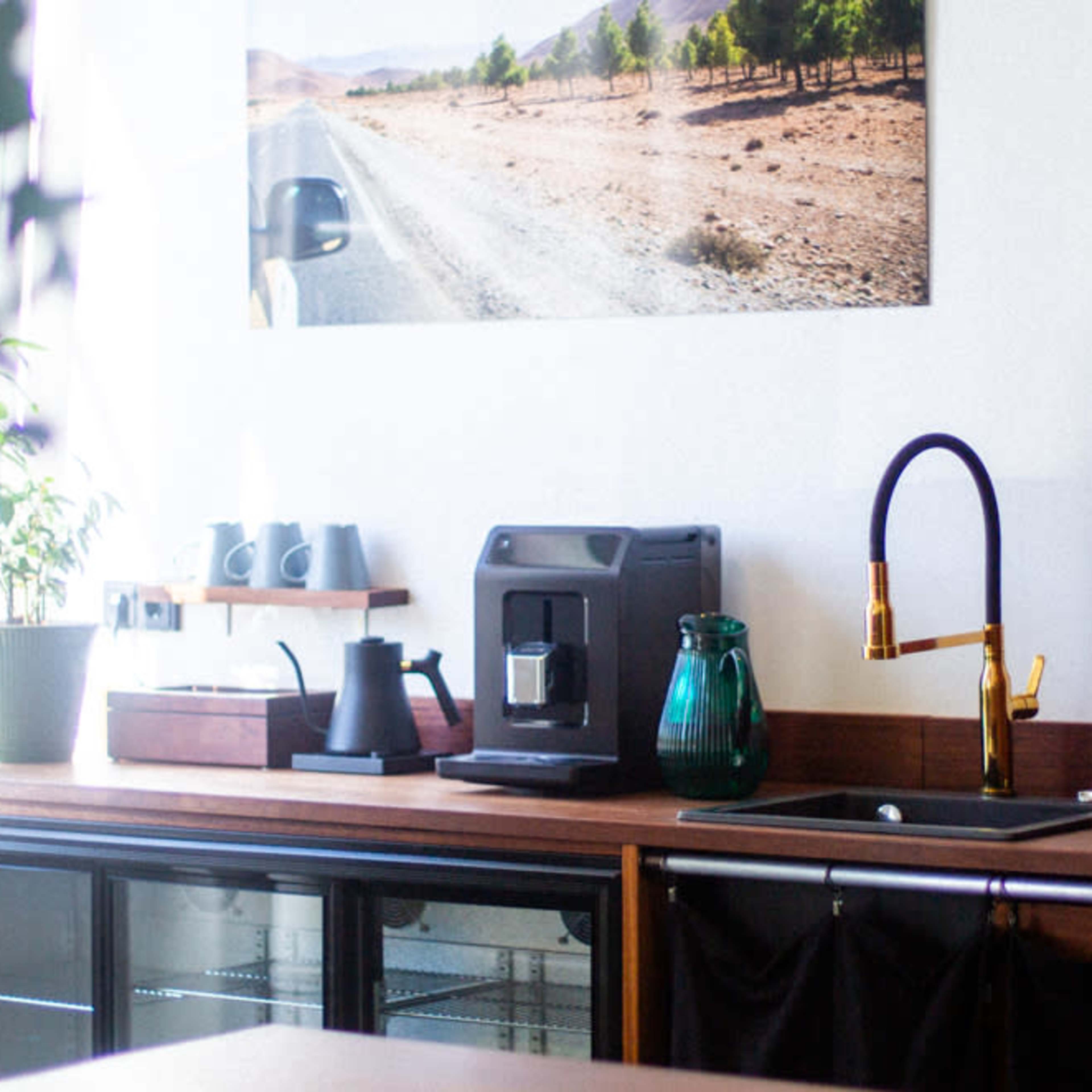 A kitchen corner features a refrigerator, a microwave, a coffee machine, and a plant on a wooden countertop next to a window with a landscape photo above.