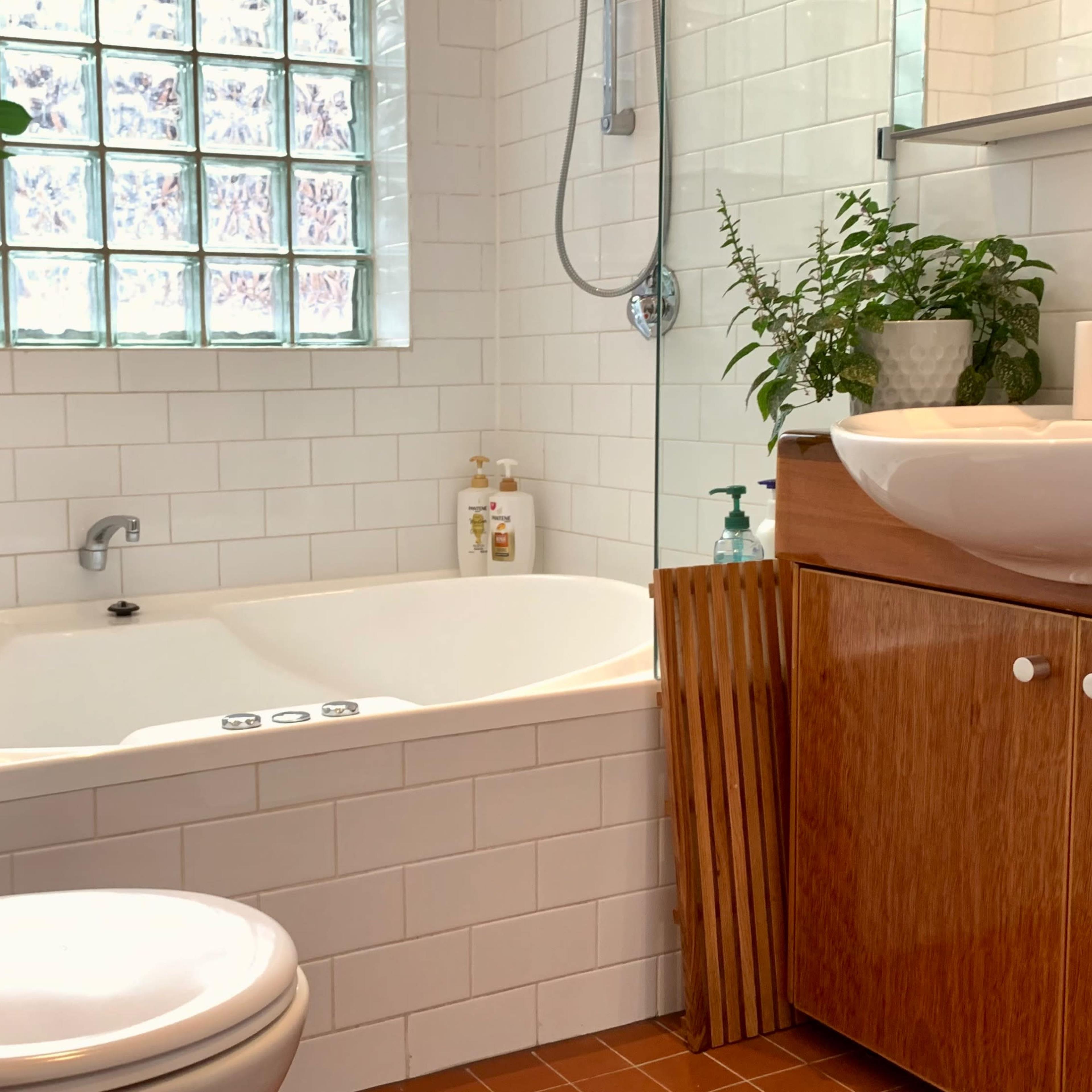 The bathroom features a bathtub, toilet, and a sink with wooden cabinetry, along with plants and a window made of glass blocks.