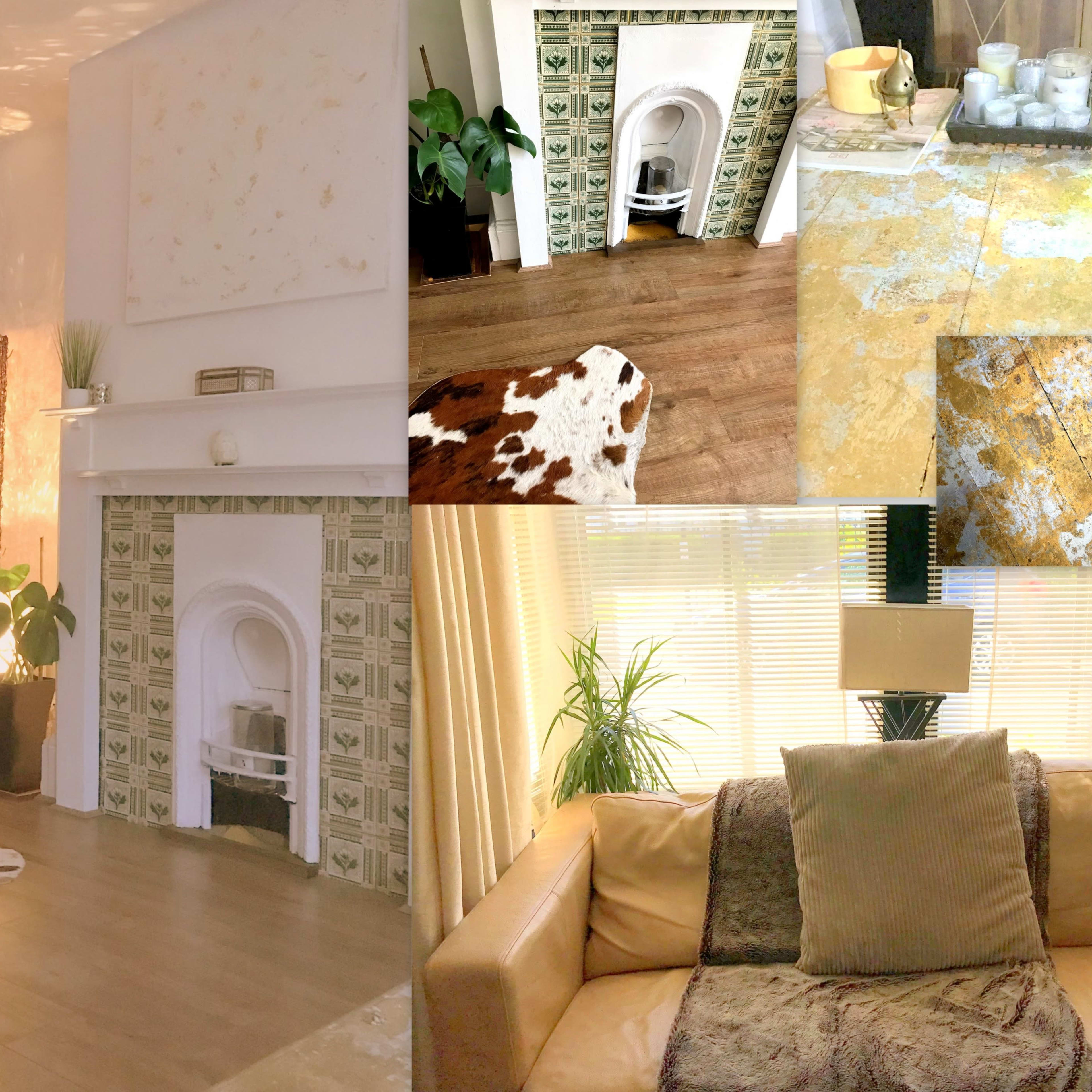 A cozy living room with a decorative fireplace, a cowhide rug, and various furnishings, including plants and a couch.
