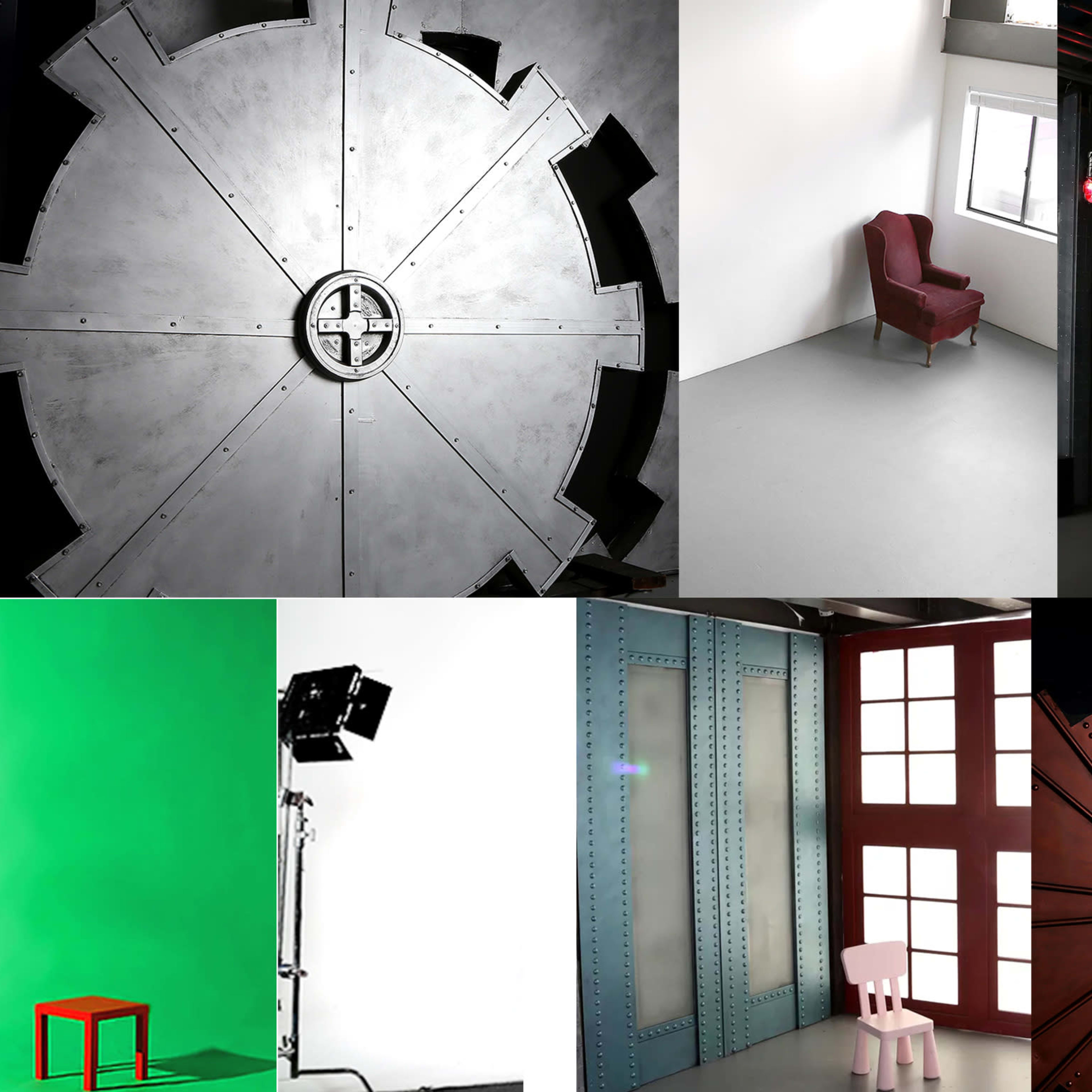 A collage of various industrial and minimalist interior scenes, featuring metallic doors, empty chairs, and a green screen setup.