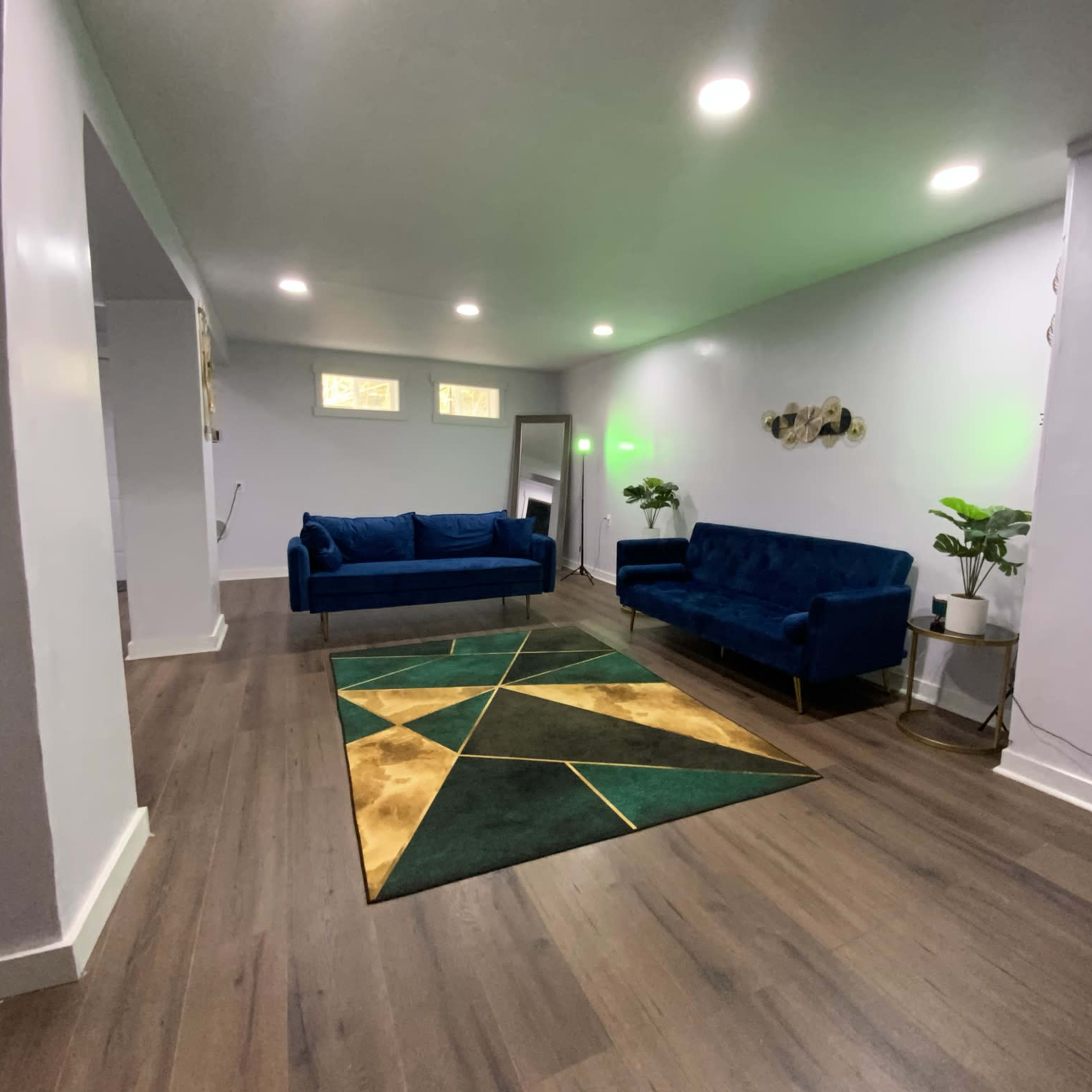 A spacious room with two blue sofas, a green and gold geometric rug on the wooden floor, and plants in the corners.