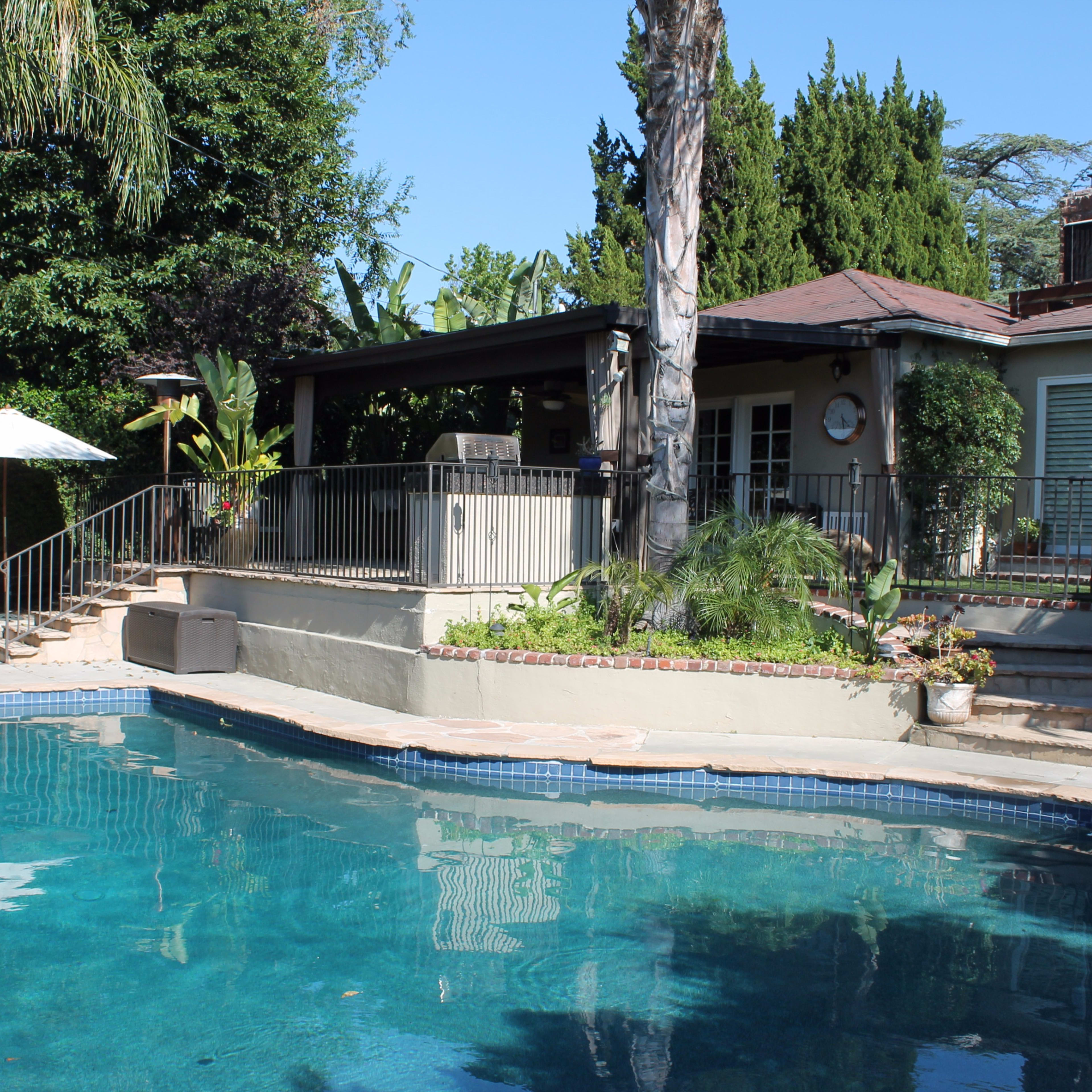 A backyard with a swimming pool, surrounded by tropical plants and a patio area with lounge chairs and an umbrella.