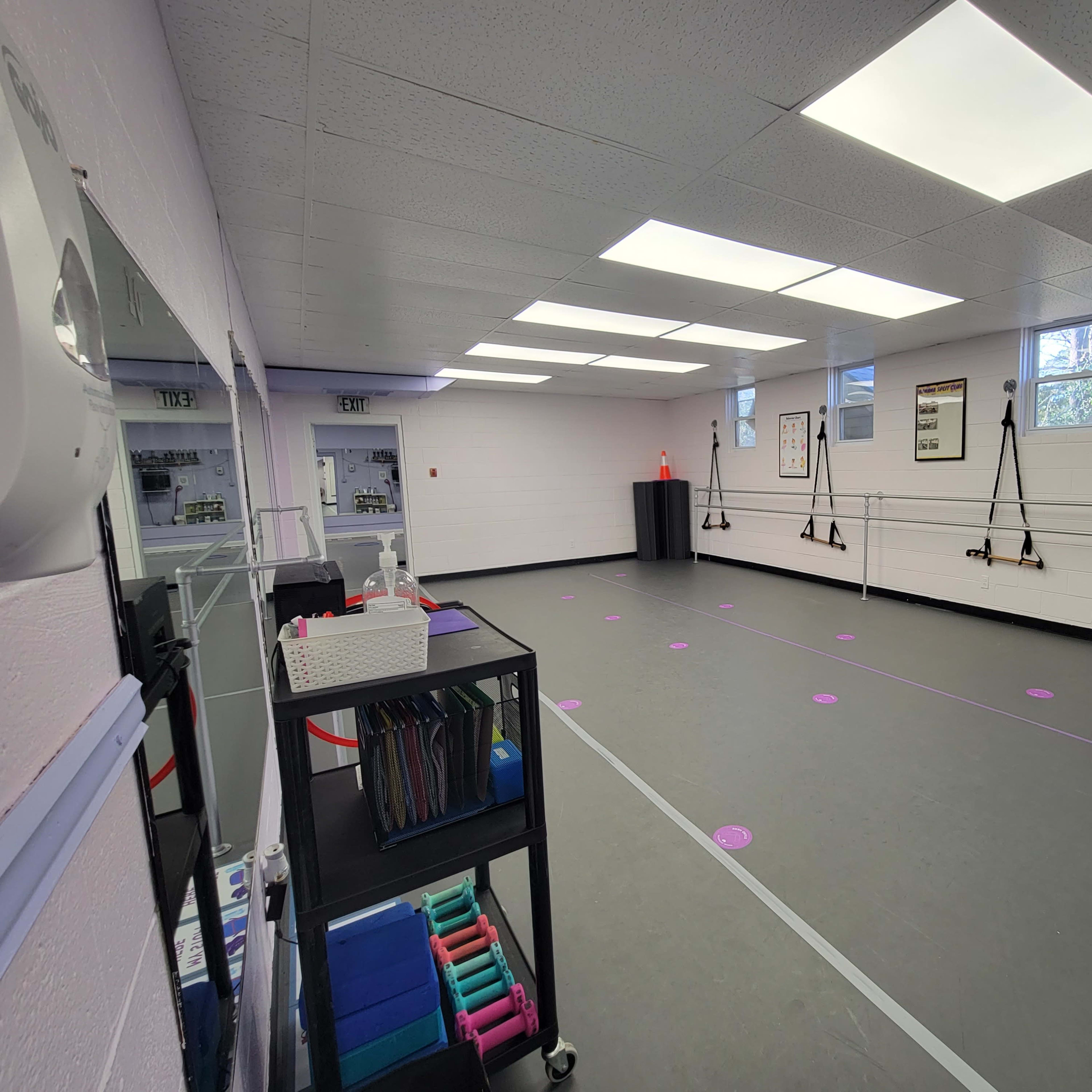 A spacious, well-lit exercise studio with exercise equipment, mirrors, and ballet bars along the walls.