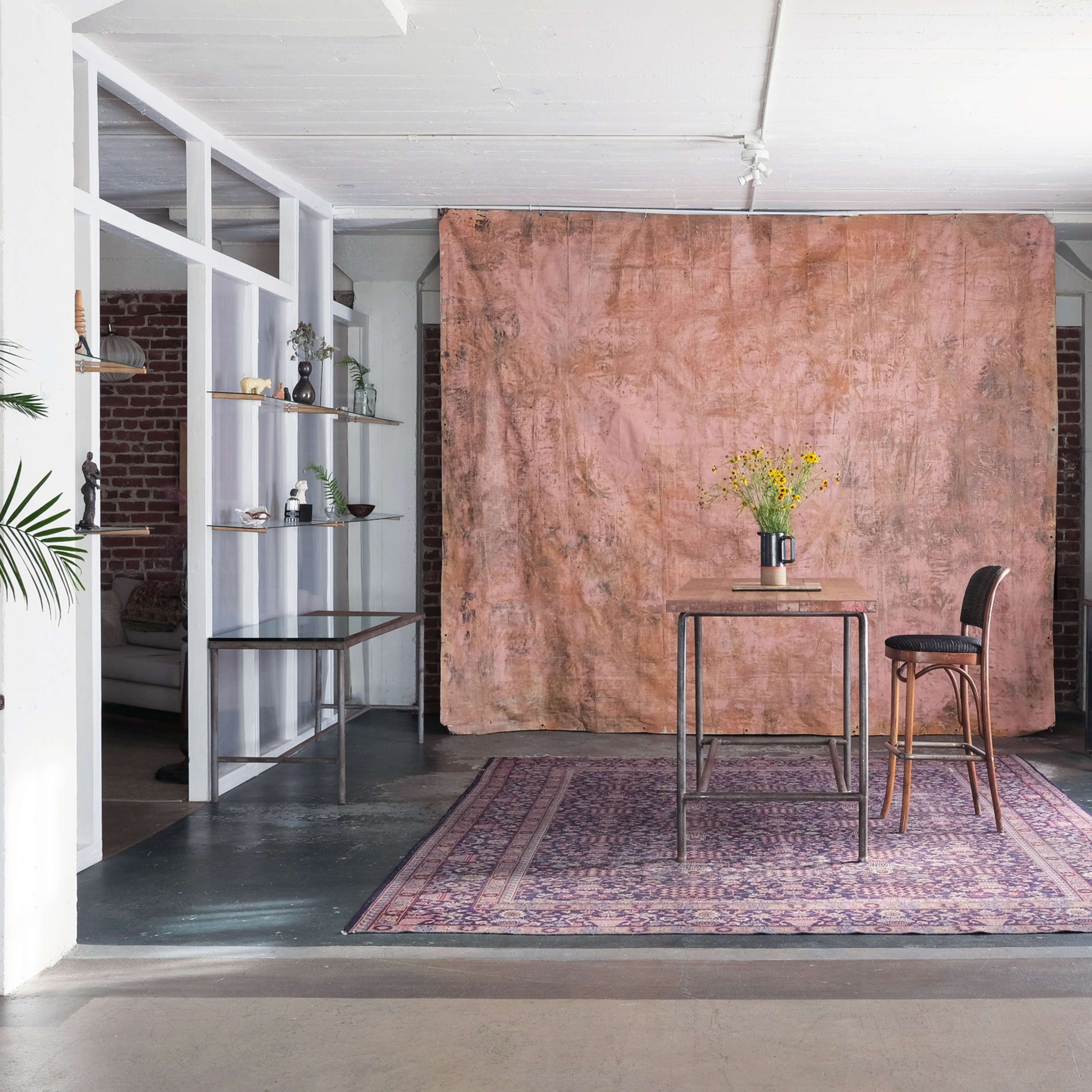 A simple interior space featuring a wooden table and chair, a rug, and a large fabric backdrop, with plants and shelving along the walls.