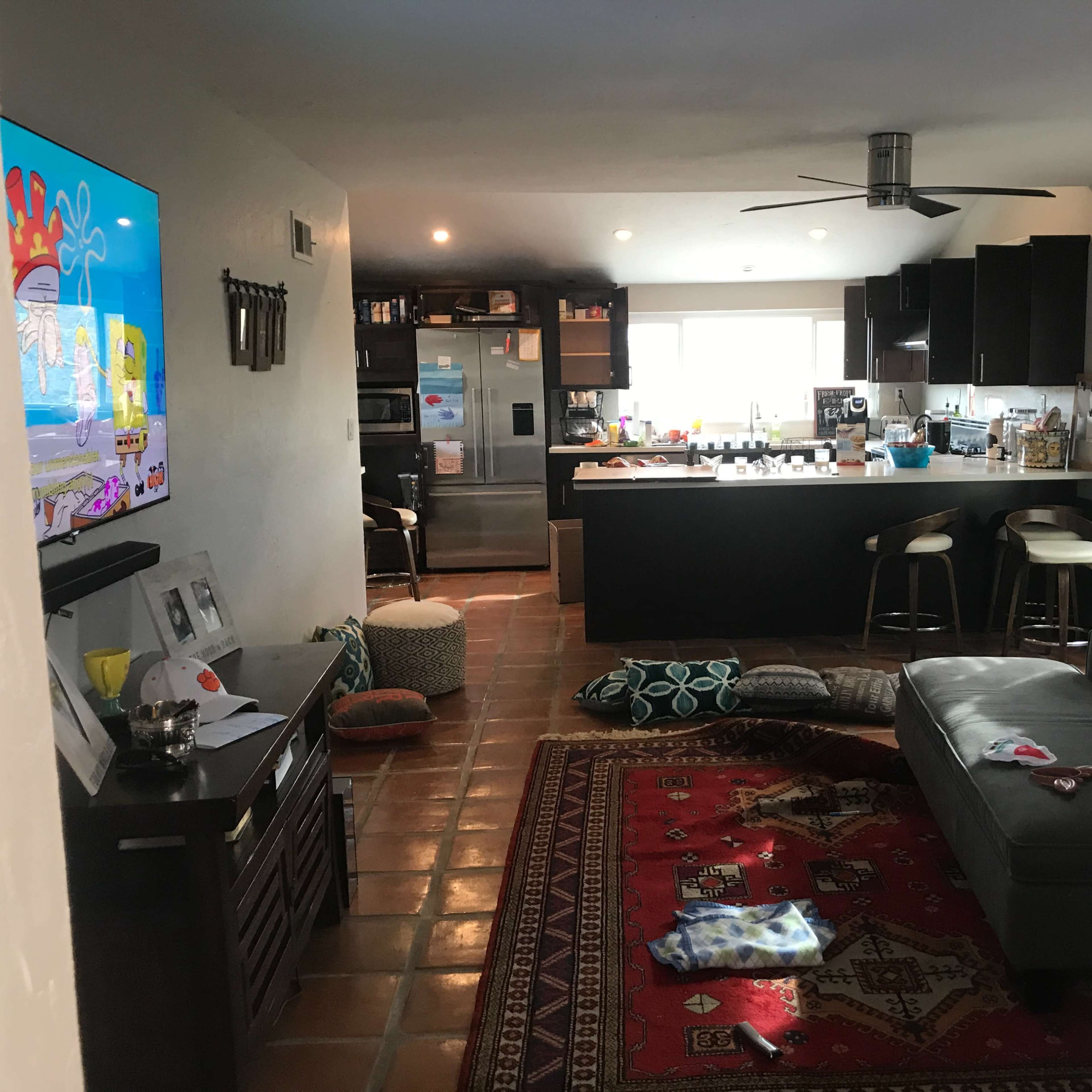 A living room with a gray sofa, a patterned rug, a large TV displaying a cartoon, and a kitchen area in the background with modern appliances.