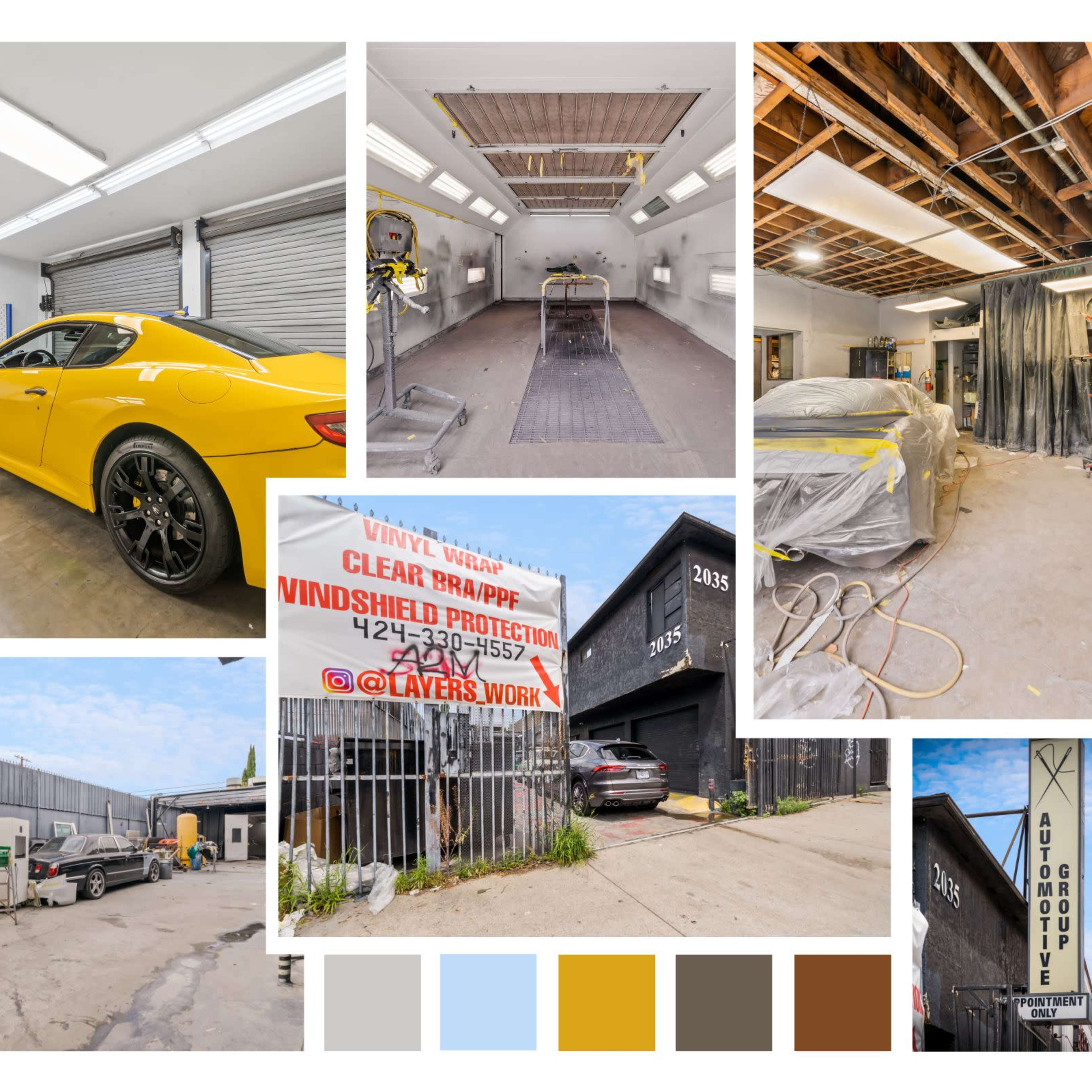 A collage featuring a yellow car in a garage, a car detailing area, and various workspaces, including a vinyl wrap station and an automotive group sign.
