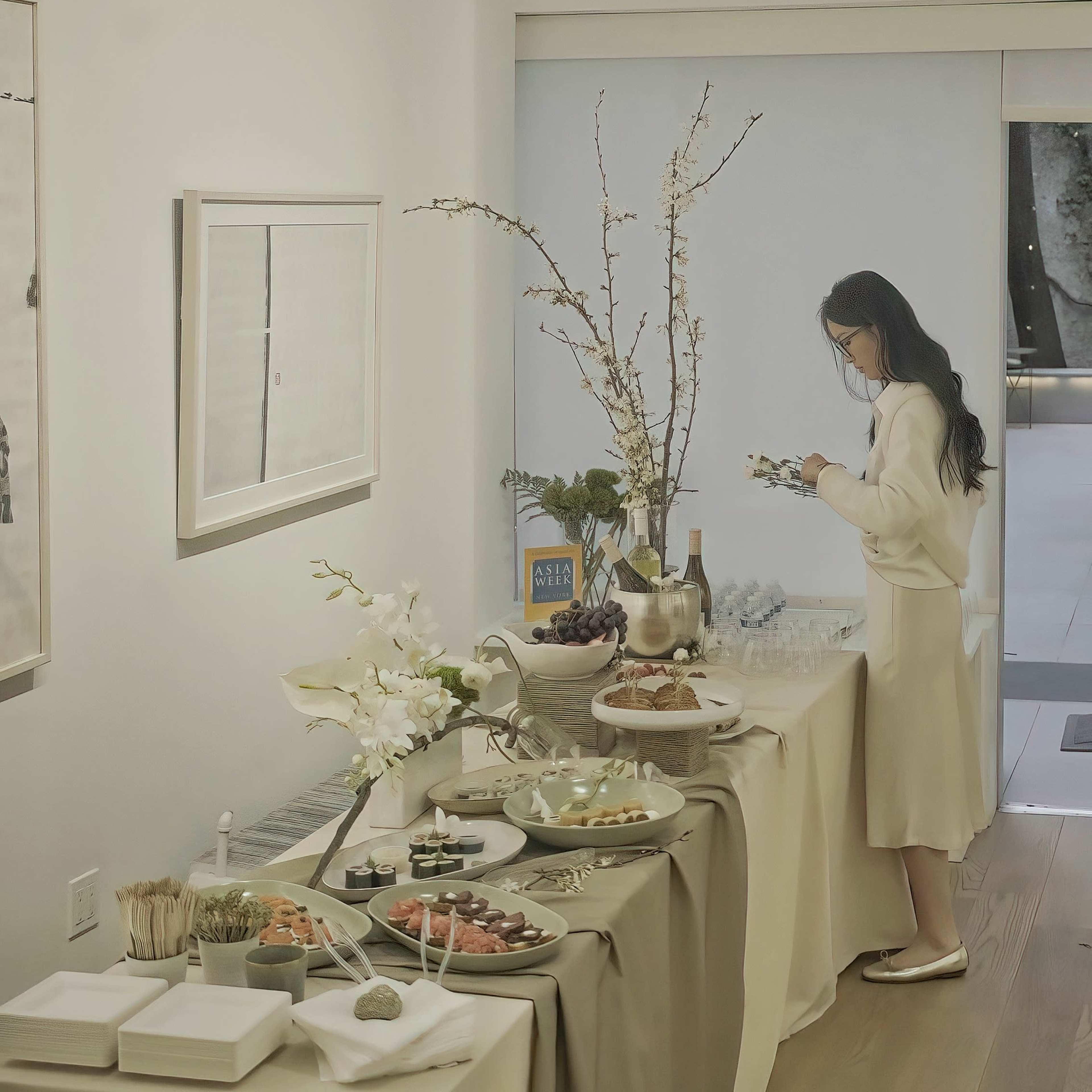 A woman in a white dress stands near a table set with various dishes and beverages at a well-lit gathering space.