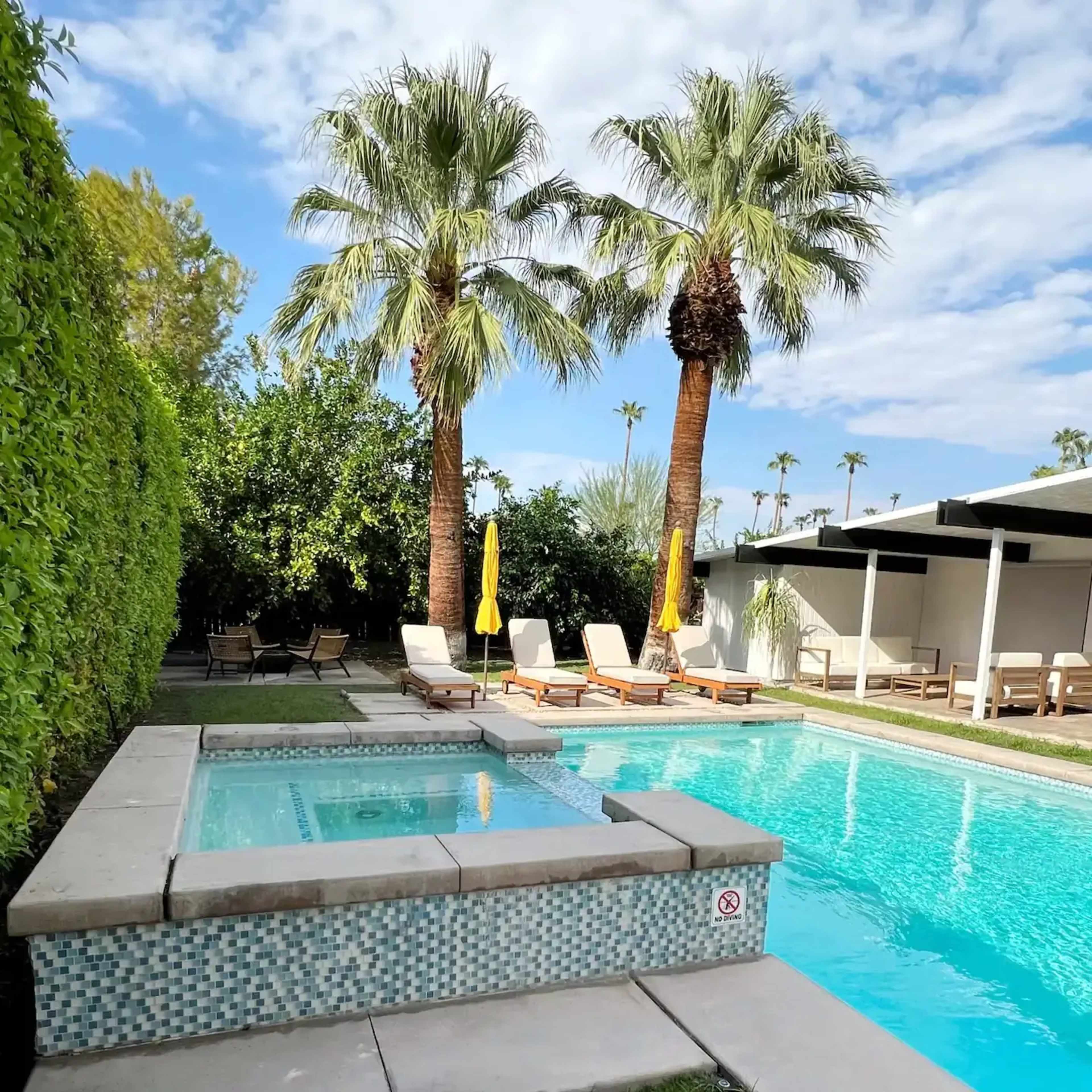 A swimming pool surrounded by palm trees, lounge chairs, and a raised spa area.