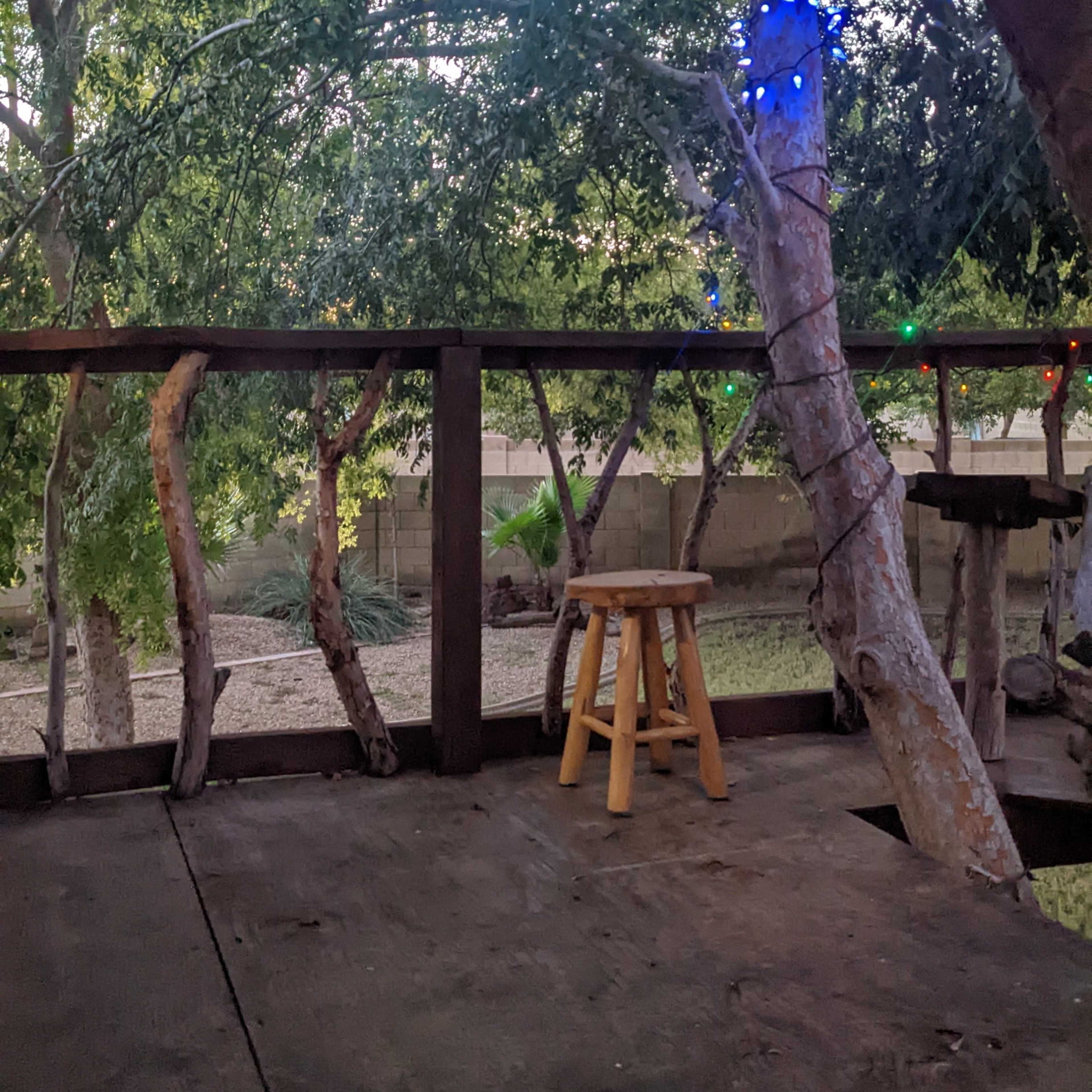 A wooden deck surrounded by trees features a stool and string lights.