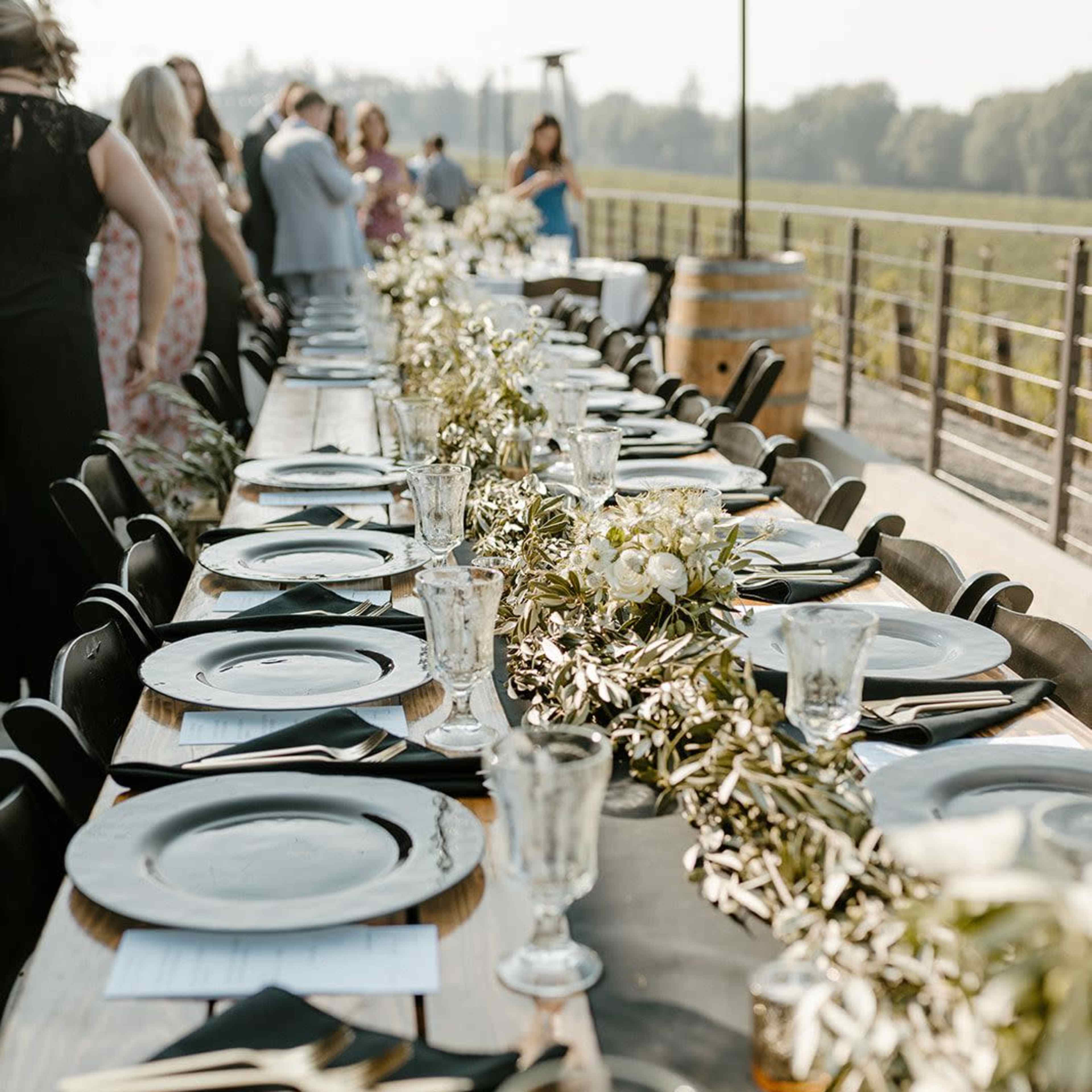 A long outdoor table is set for a gathering, adorned with black plates, glassware, and a green garland centerpiece.