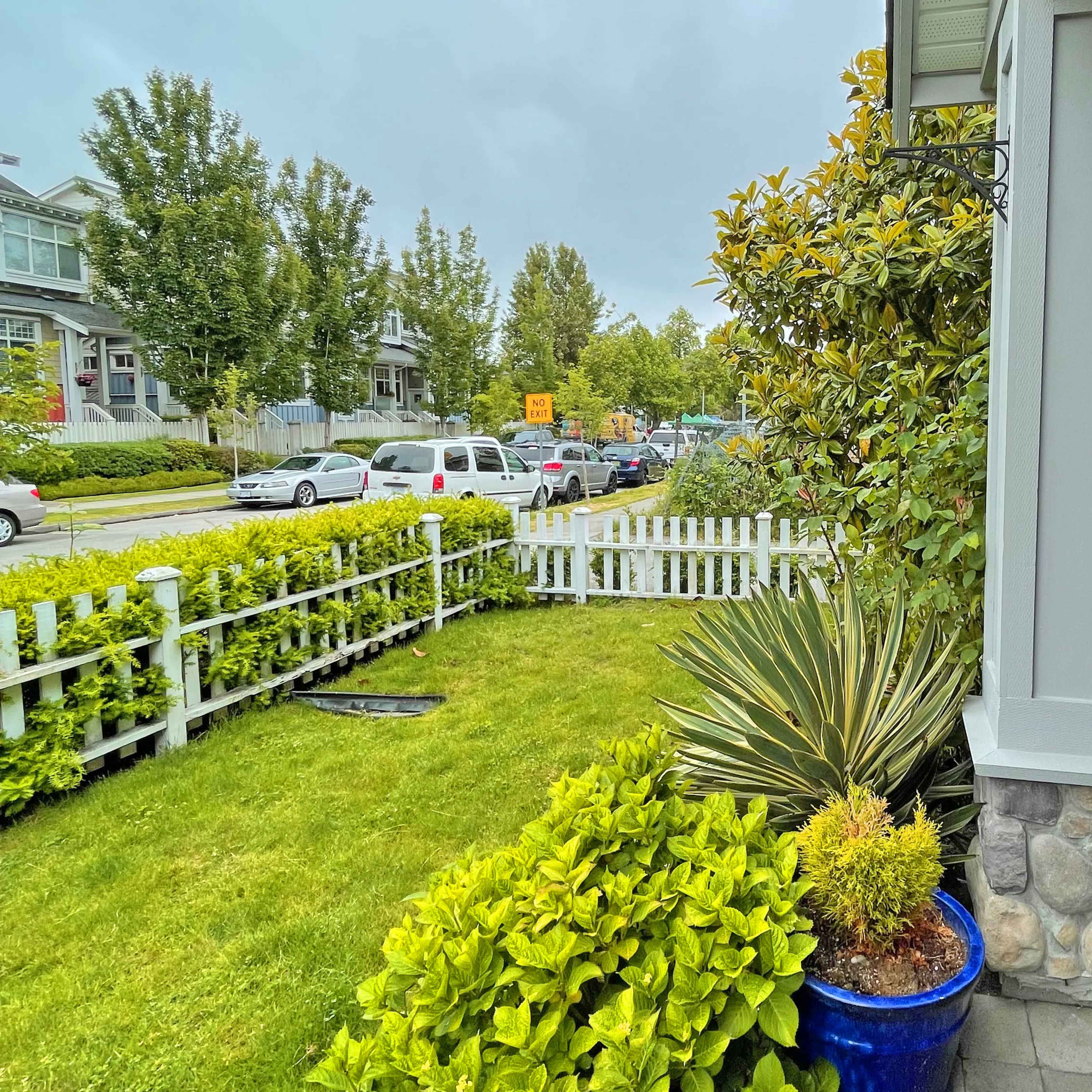 A landscaped front yard with a low stone wall, a blue potted plant, and a white picket fence along a suburban street.