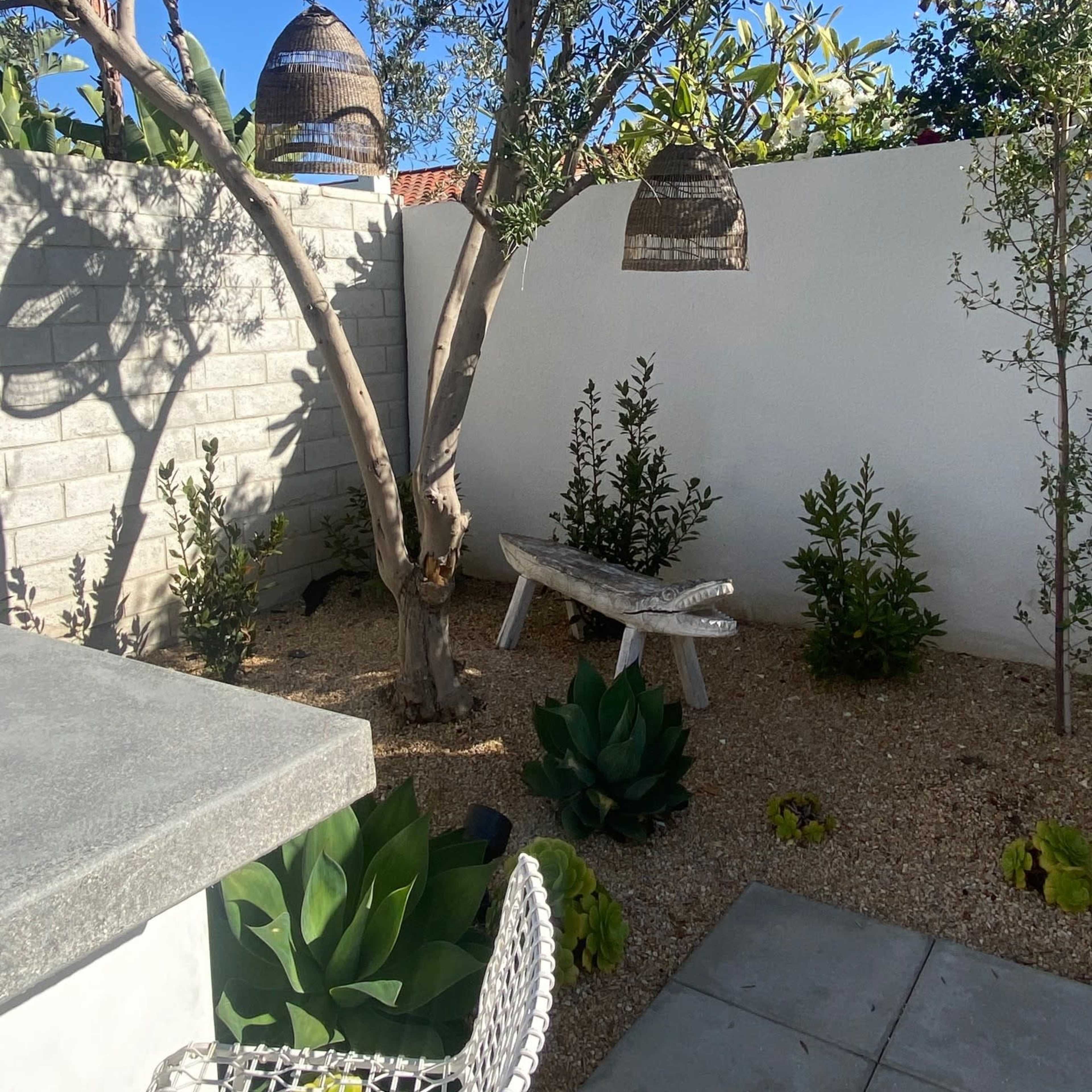 A small garden features a bench under a tree, surrounded by gravel and low shrubbery with hanging planters.