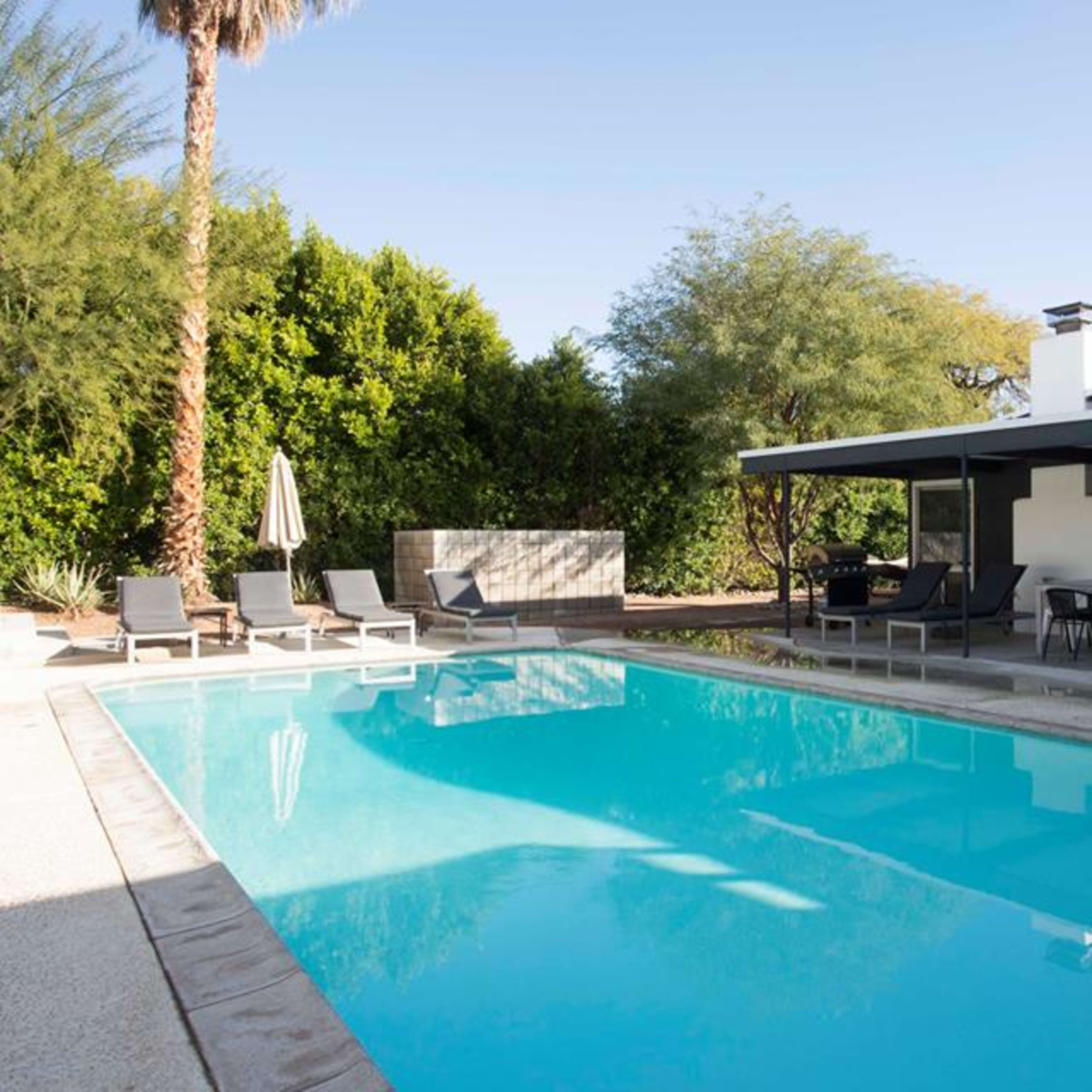 A modern backyard with a swimming pool and lounge chairs, surrounded by landscaping and a patio area.