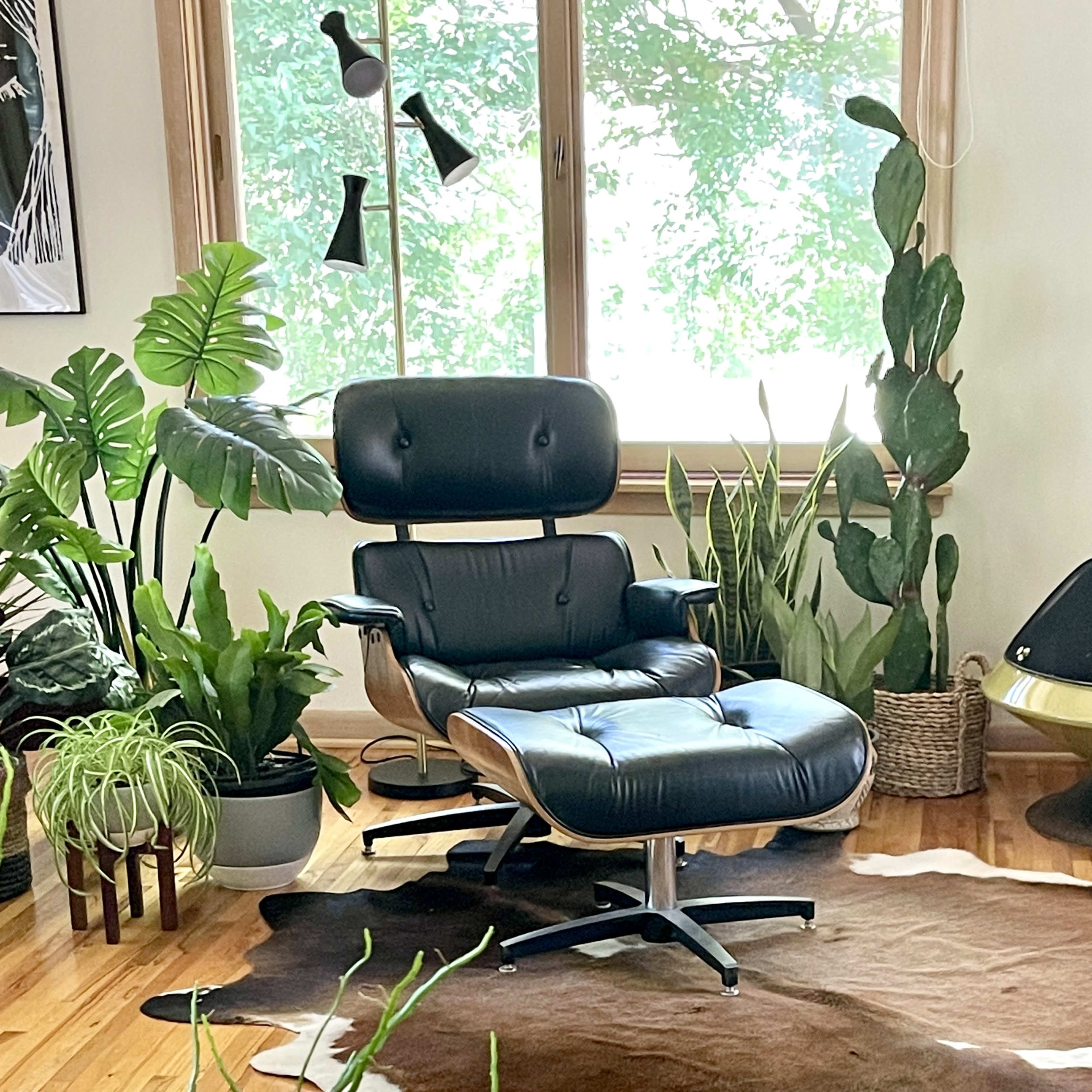 A modern black lounge chair positioned on a cowhide rug, surrounded by various indoor plants and a unique metal fireplace in a well-lit room.