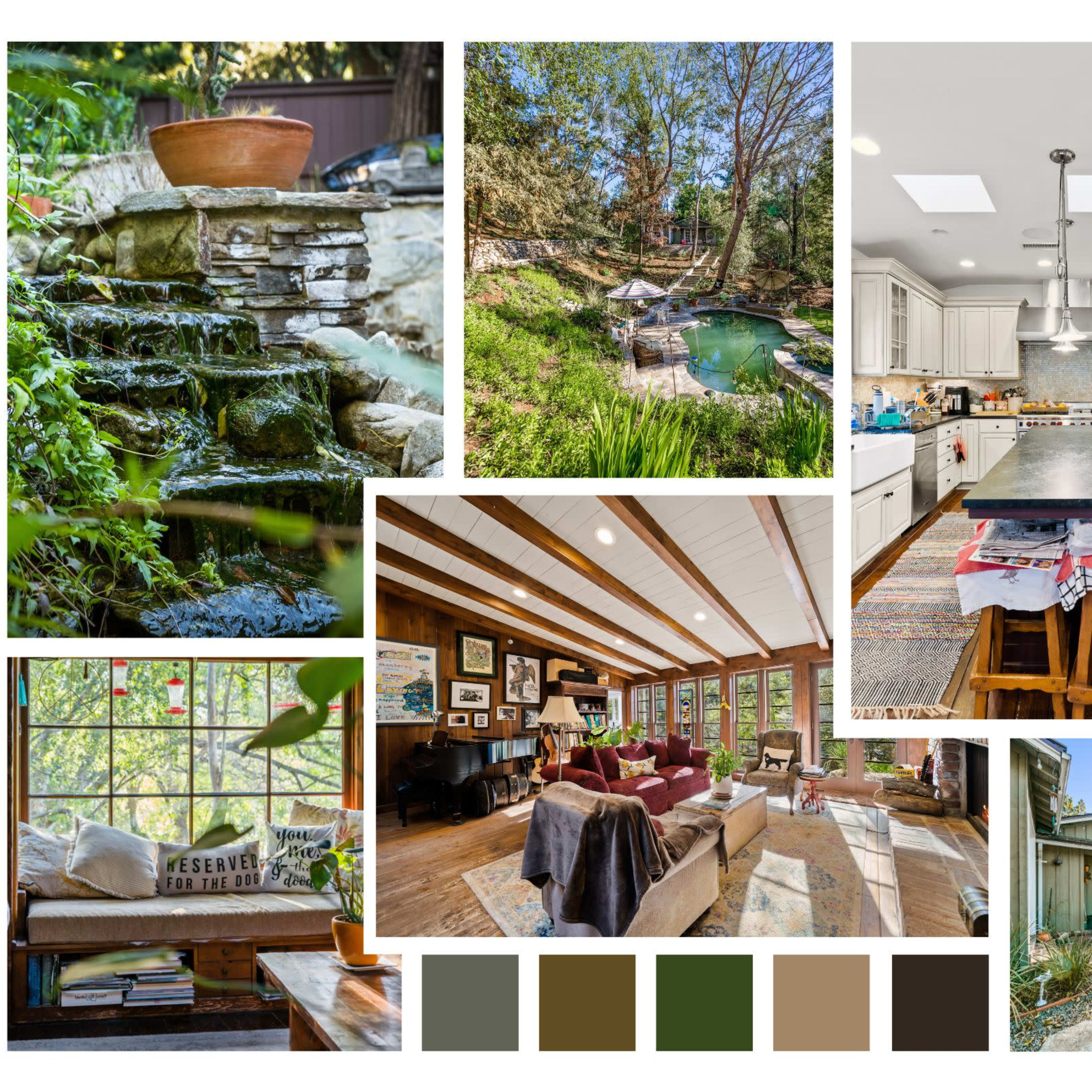 A collage of a serene outdoor water feature, a well-appointed kitchen, a cozy living room with rustic beams, and a welcoming home exterior surrounded by greenery.
