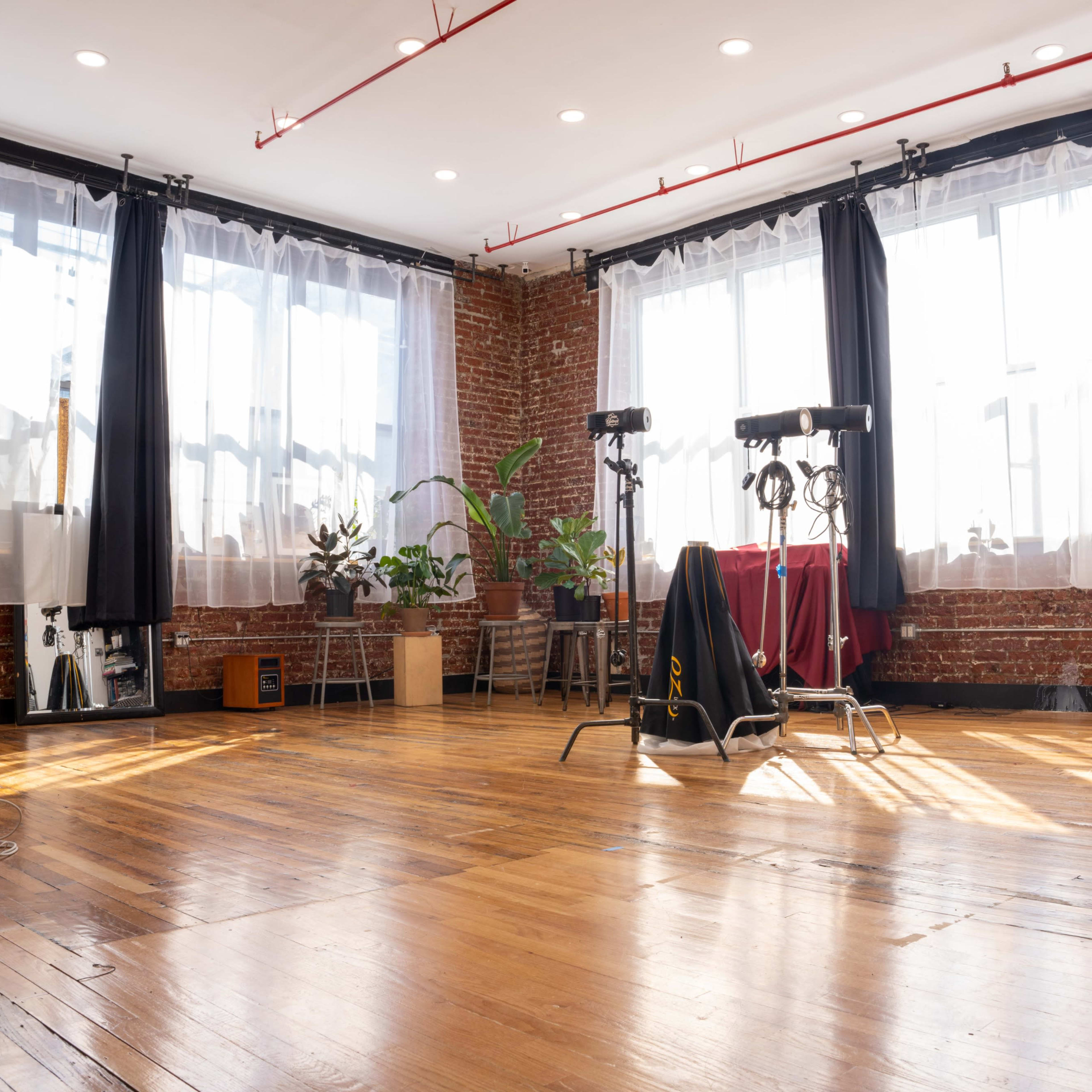 A spacious room with large windows, brick walls, and wooden floors, featuring plants and photography equipment.