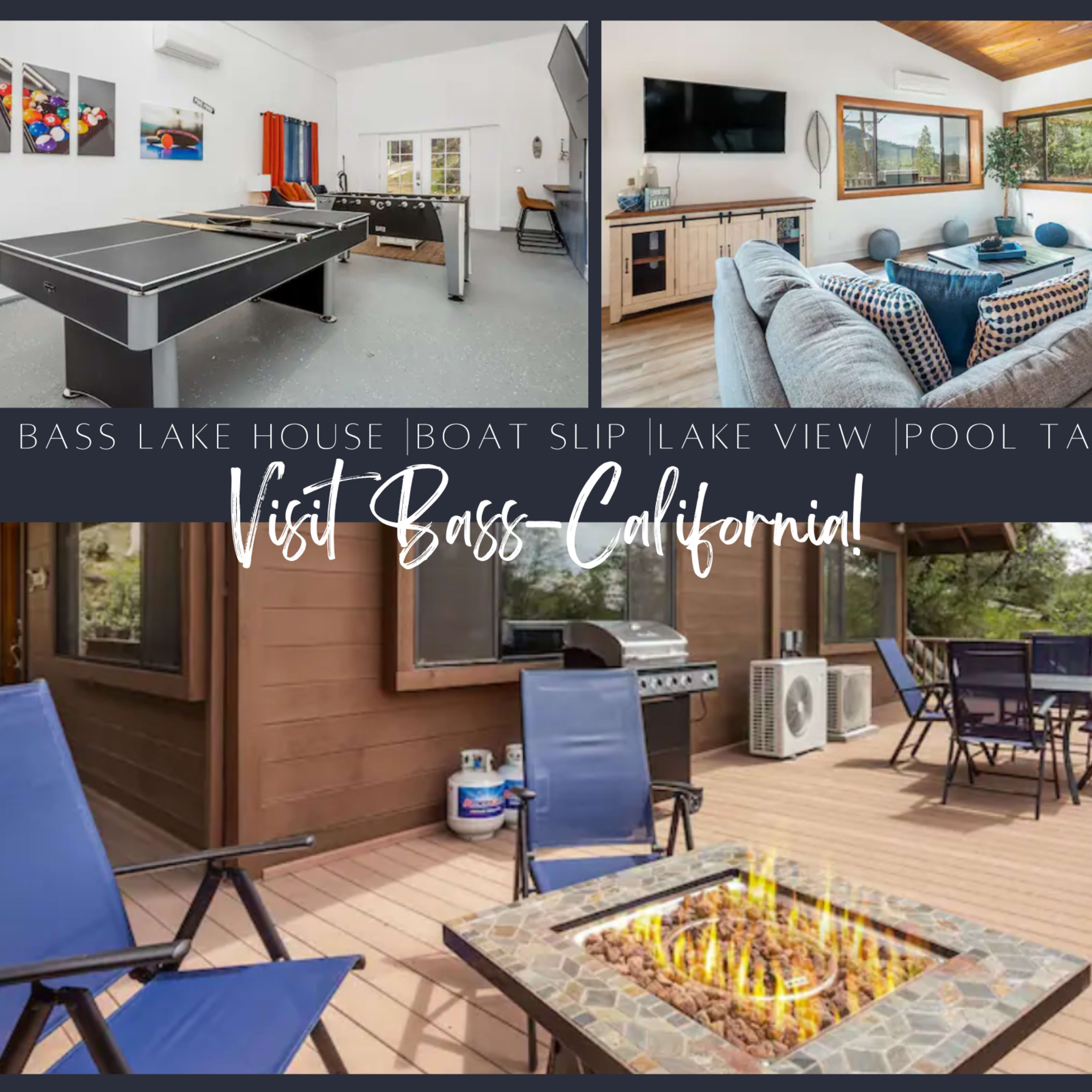 A promotional collage of a lake house featuring a pool table, a cozy living area with large windows, and an outdoor deck with seating around a fire pit.
