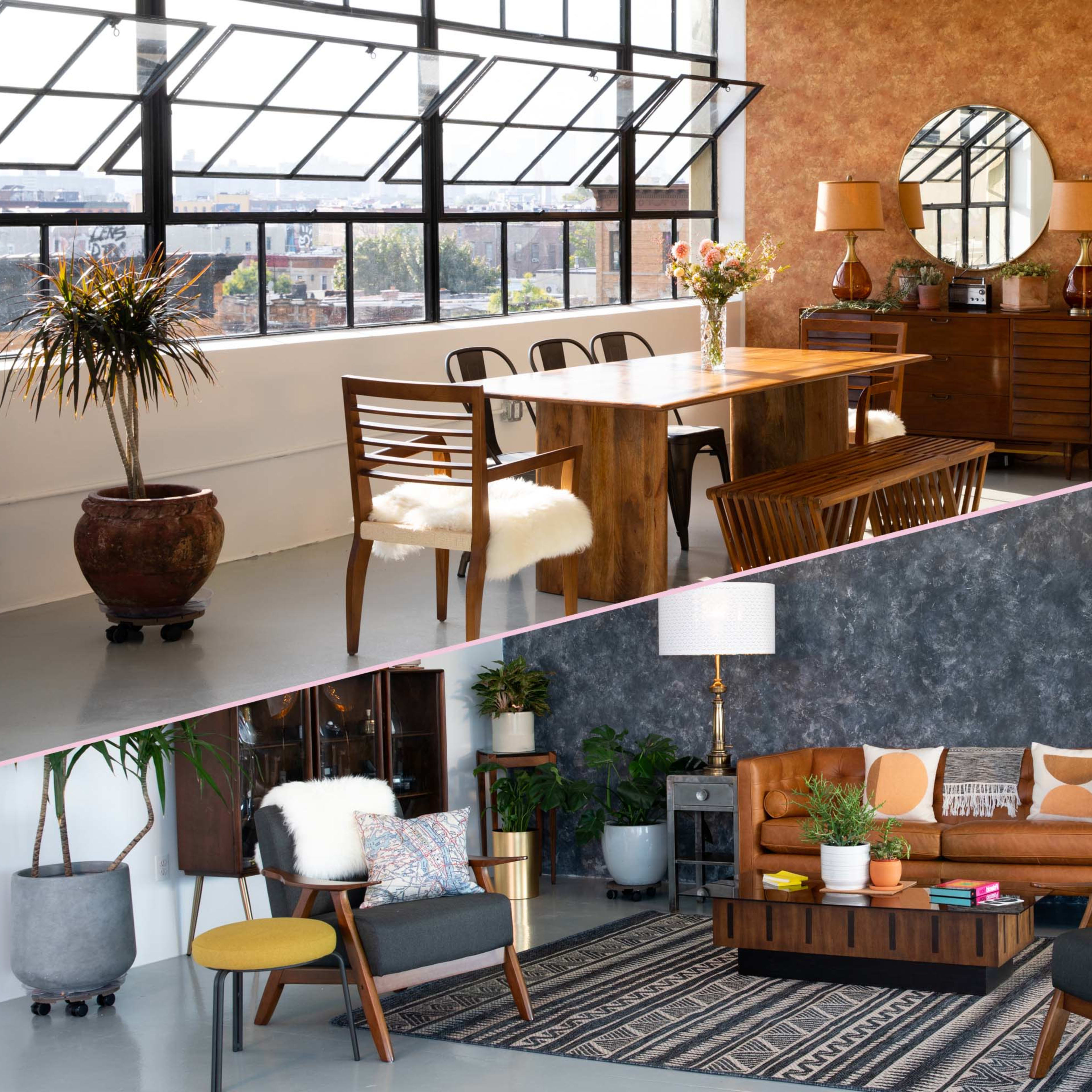 Two distinct interior designs: the upper half features a dining area with a table and chairs beside large windows, while the lower half displays a living room with a sofa, decorative plants, and contrasting furniture styles.