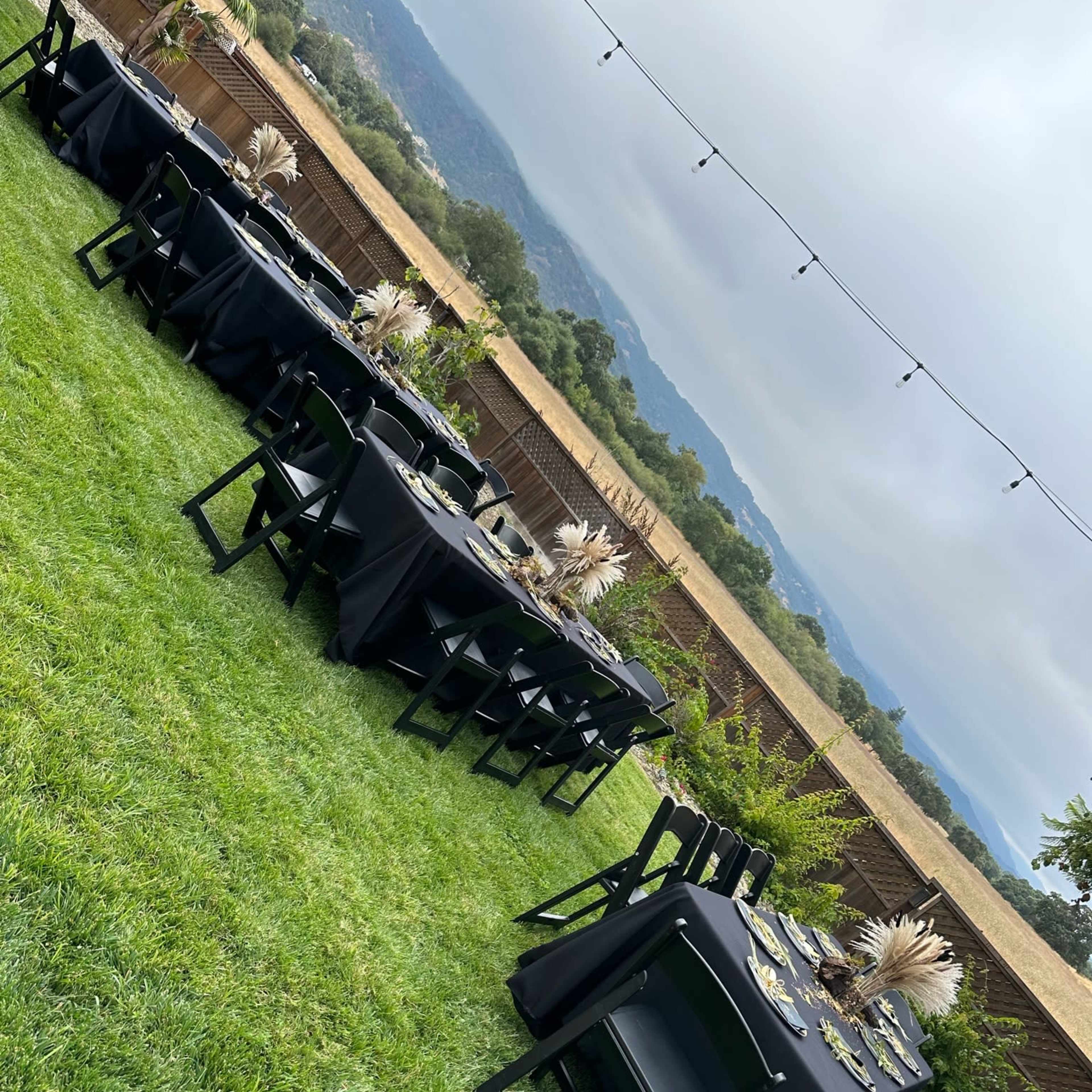A large outdoor dining setup featuring black tables and chairs, arranged on green grass with a backdrop of rolling hills under a cloudy sky.